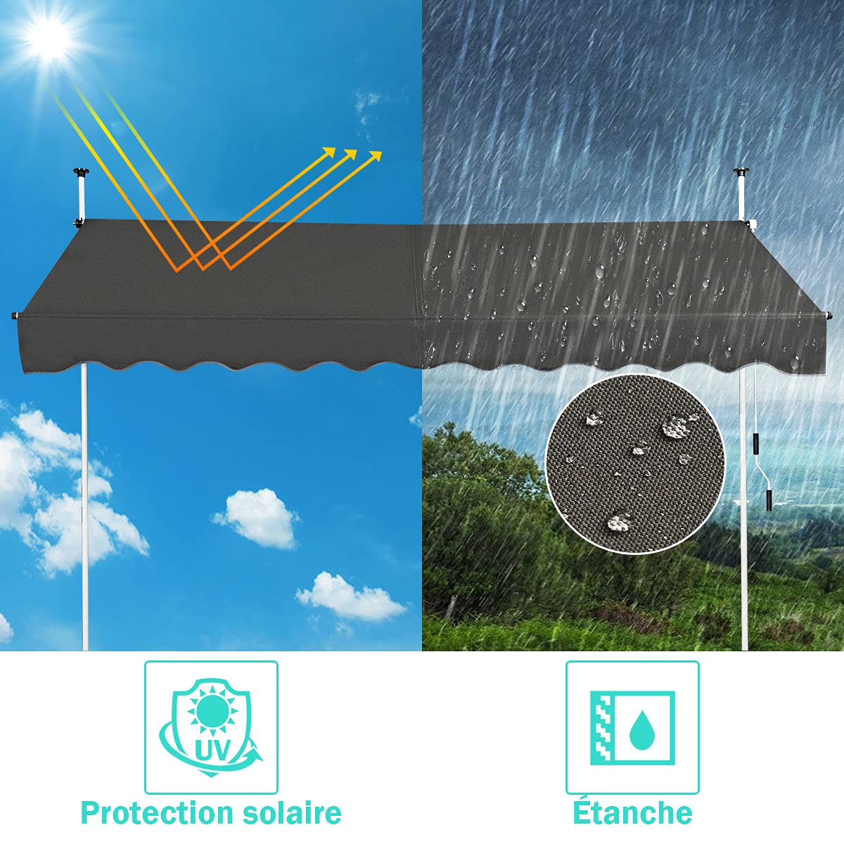 GOPLUS Store Banne Manuel 3x1,2M, Store Banne sans Percage, Auvent Rétractable de Terrasse Hauteur Réglable 2-3M pour Balcon Jardin (Gris)
