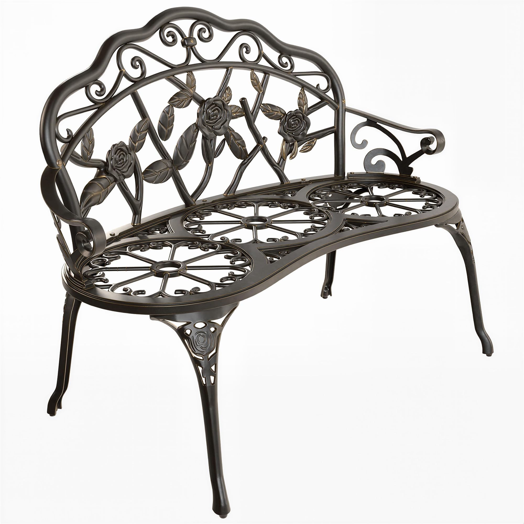 Outsunny 2 Seater Garden Bench, Cast Aluminium Outdoor Garden Loveseat, Vintage Rose Style Outdoor Bench Seat with Back and Armrests for Patio, Porch, Park, Bronze Tone