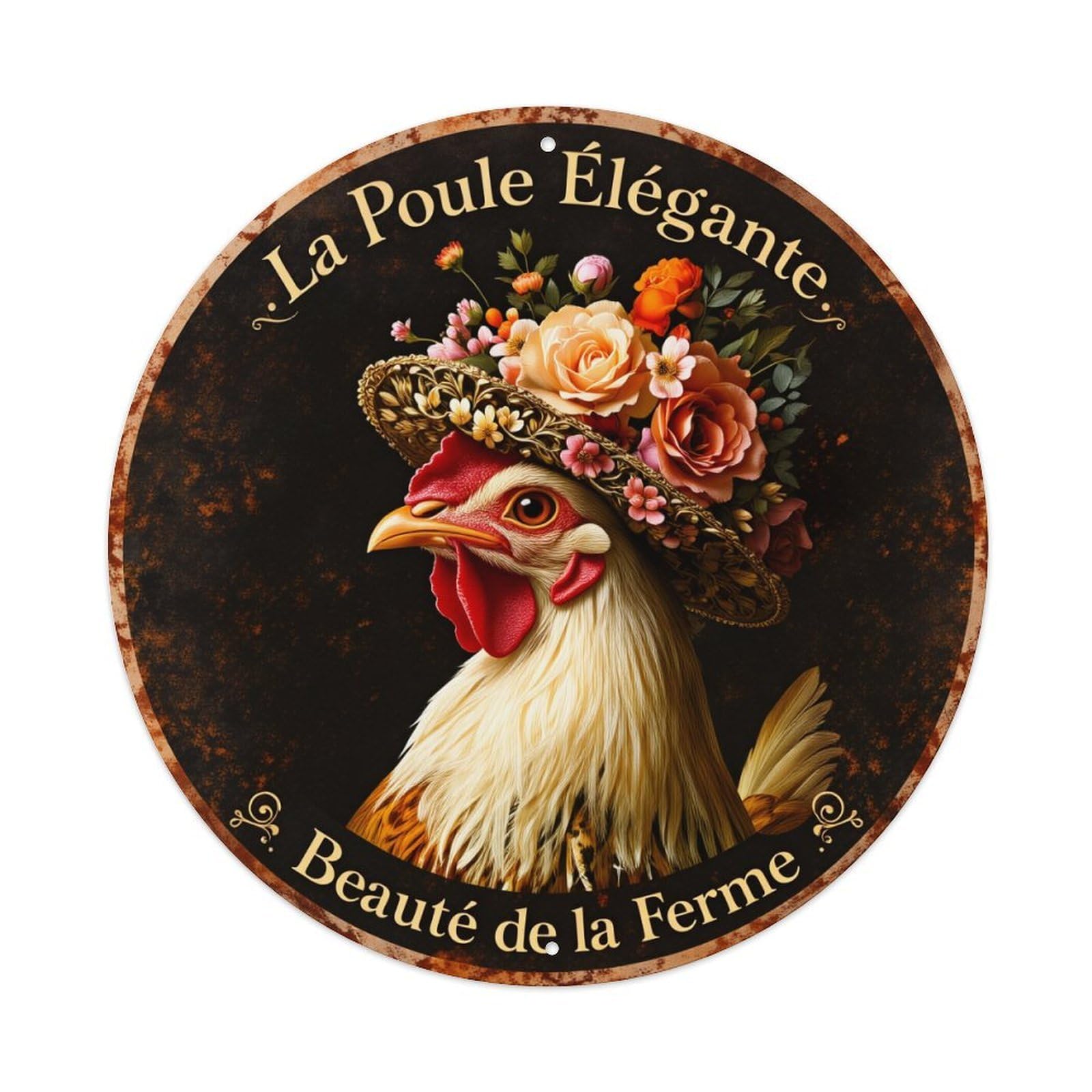 Chicken With Floral Hat Round Tin Sign Vintage Metal Poster, Home Bar Garage Man Cave Cafe Indoor & Outdoor Wall Decoration 8x8Inches