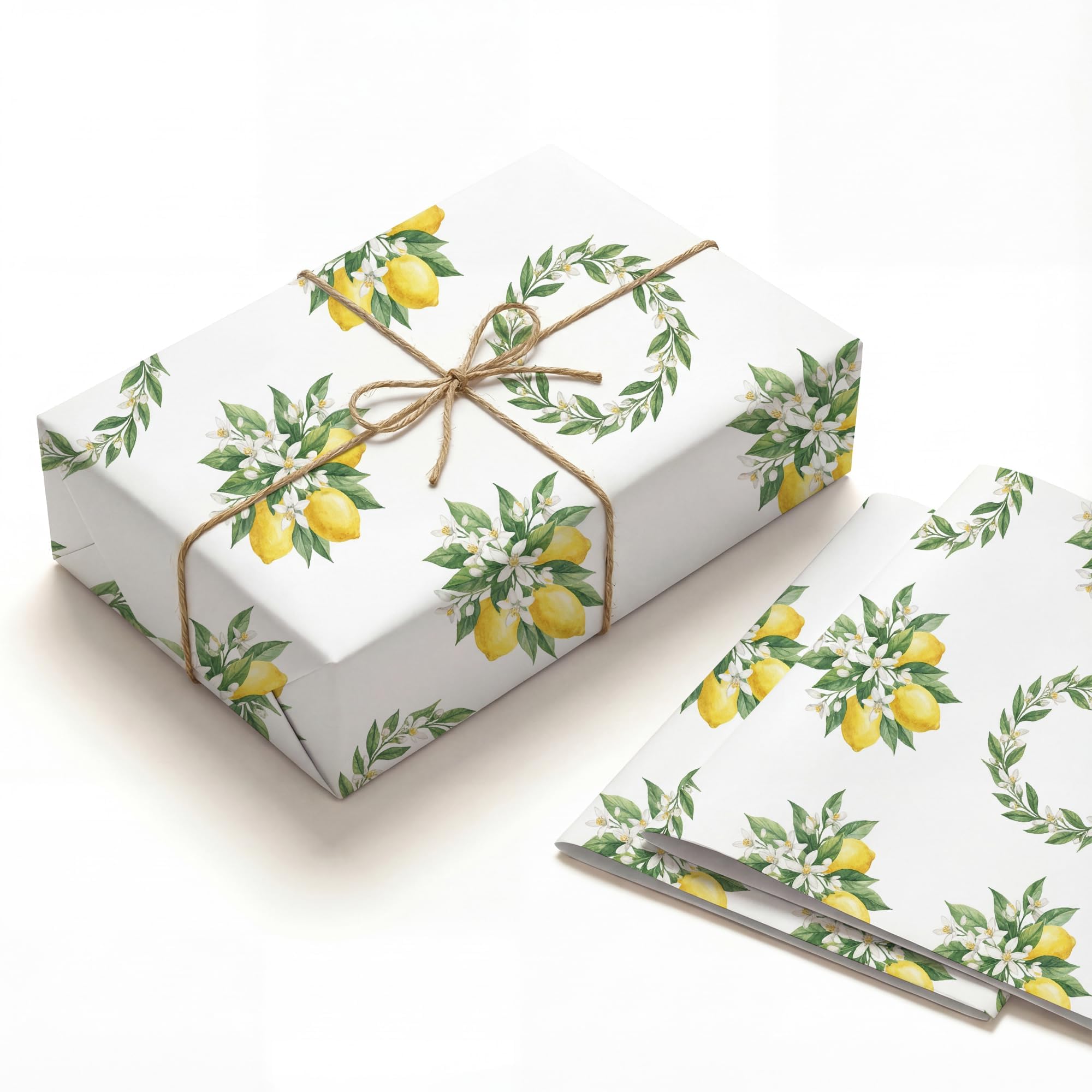 Lemon Wreath Botanical Gift Wrap 120gsm Thick Kraft Two Folded Sheets 50x70cm for Bridal Baby Shower Wedding Summer Birthday Fresh Citrus Floral Aesthetic