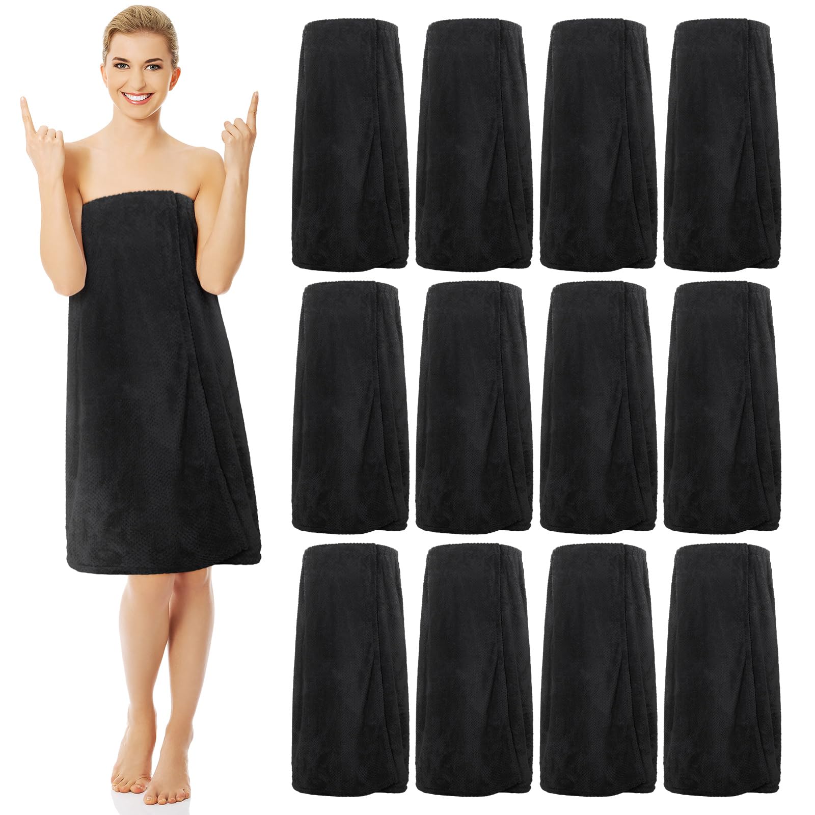 Tigeen 12 Pcs Spa Robe for Women Waffle Spa Wraps with Pocket Adjustable Closure Lightweight Towel Wraps for Bath Shower (Black, M)