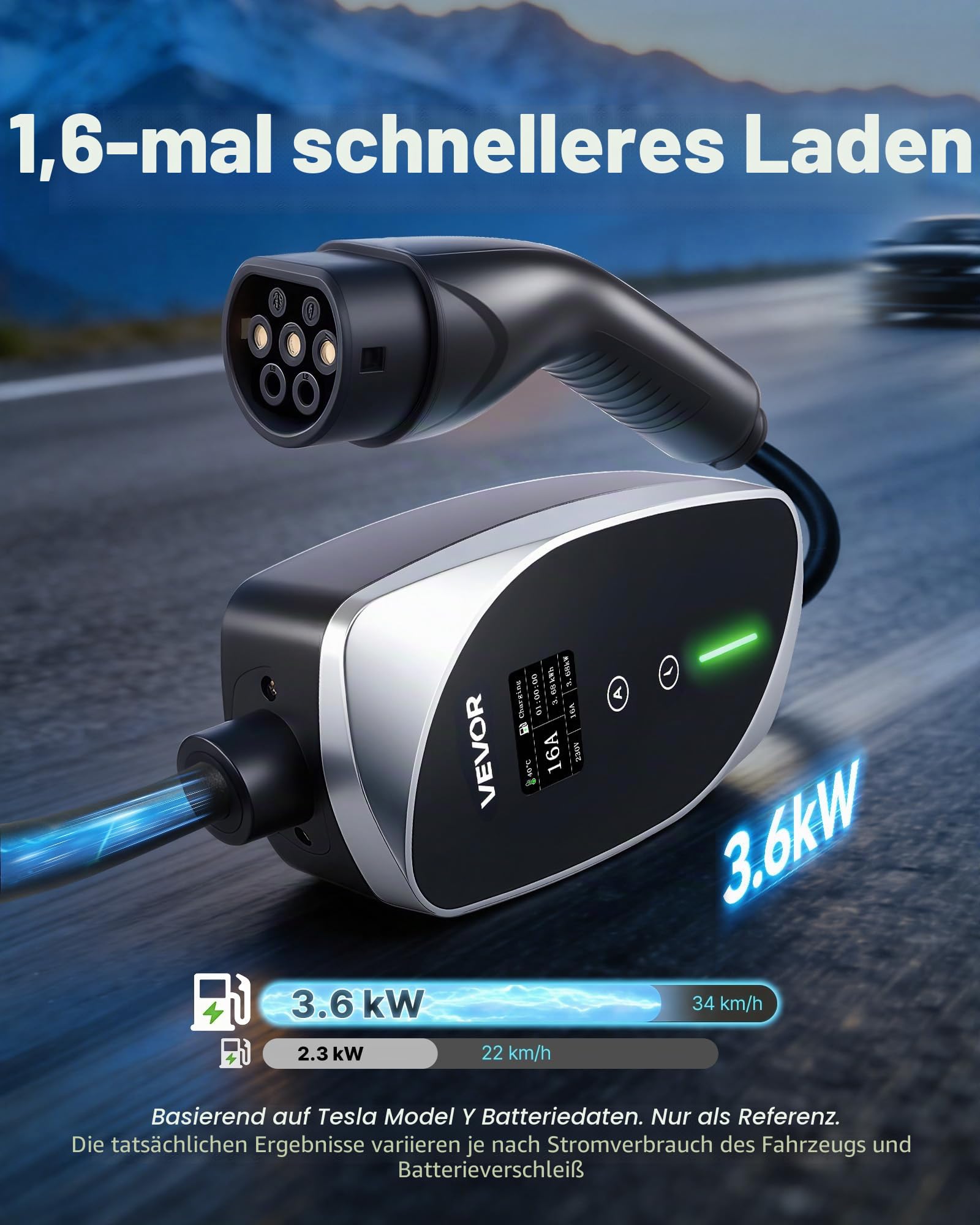 VEVOR Mobile Wallbox, 3,6 kW, 16 A, Typ 2 Ladestation, 1-Phasig-Ladegerät mit 6 m Ladekabel, Schuko-Stecker (16 A), LCD-Display, IP66-Steuereinheit, Stromversorgung für Elektrofahrzeuge