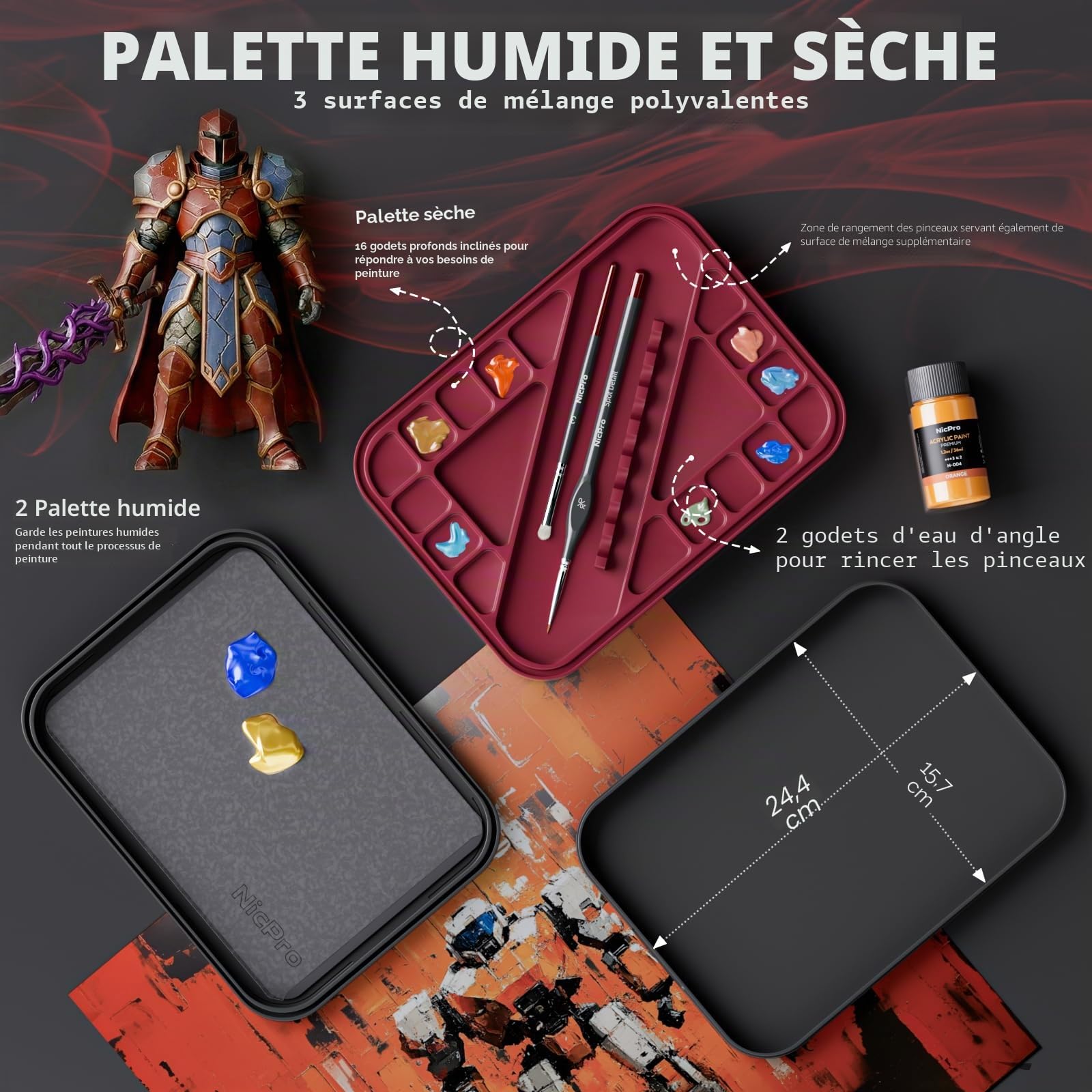 Nicpro Kit de Peinture Miniature Professionnel, Palette Peinture Humide, 16 pinceaux de détail, Pinceau Sec avec Sac en Nylon, 100 Feuilles de Papier, 4 éponges et Palette de mélange pour maquettes