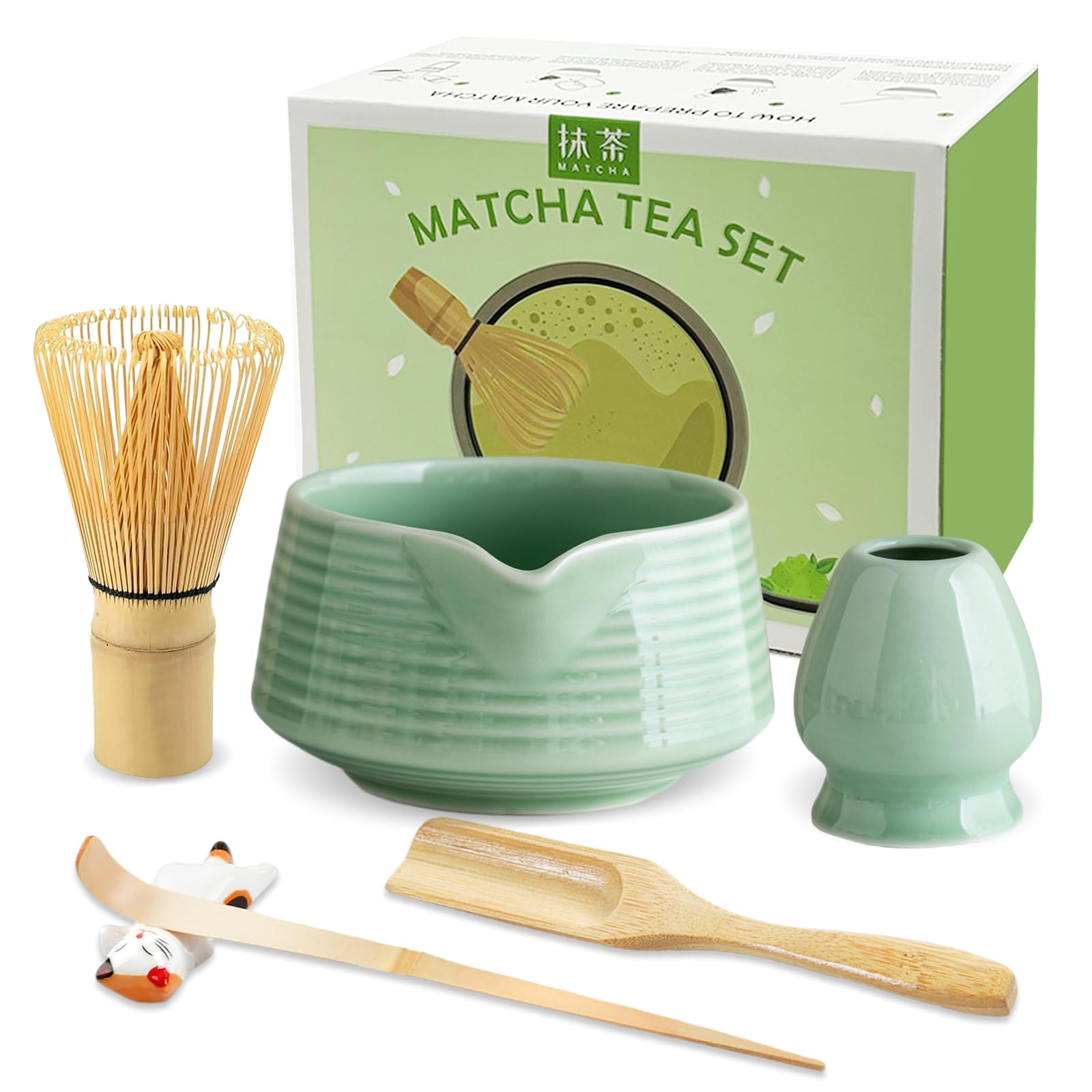 JBER Matcha Besen Set, Matcha Set - Bambus Matcha Besen, Besen Halter, Matcha Schale mit Auslauf, Matcha Löffel und Halter, Japanisches Matcha Tee Set 6-Teiliges für Matcha-Liebhaber, Grün