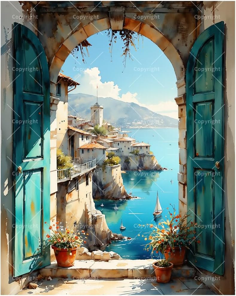 Seaside Arch View Paint by Numbers Kit for Adults - DIY Coastal Town Through Arch Window Painting on Canvas, Acrylic Paint Set for Beginners, Art for Home Decoration or Gifts(16X20IN Framed)