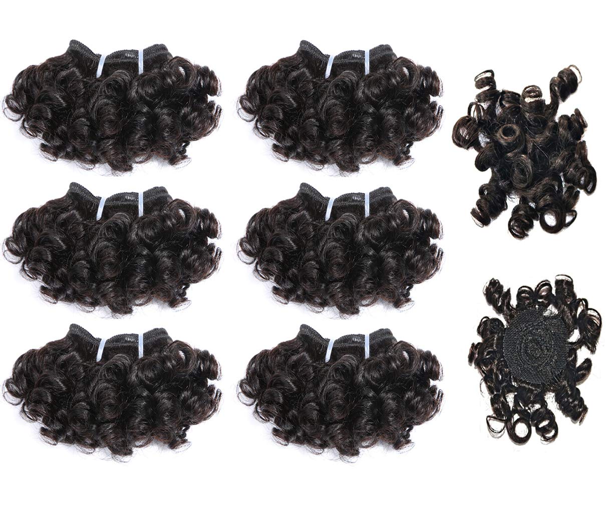 Aiokrtse Peruvian Virgin Hair Short Bouncy Curly Human Hair Weave Bundles 6 Pieces 6 Inches Weave with 1 Small Closure Natural Black Color 238 Grams