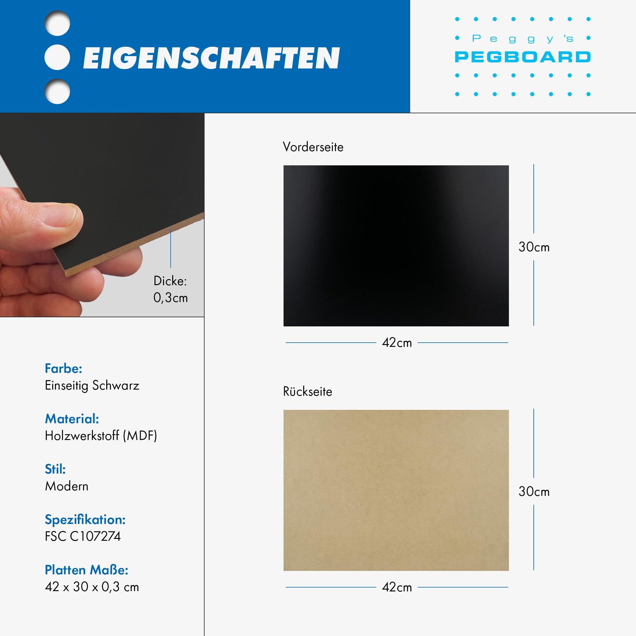 PEGBOARD MDF Zuschnitte 42 x 30 x 0,3cm 20er Set | 10/20 / 30 Stück MDF-Platten 3 mm einseitig schwarz lackiert - mdf 3mm für Lasergravur, CNC-Bearbeitung, Fräsen, Basteln | Made in Germany