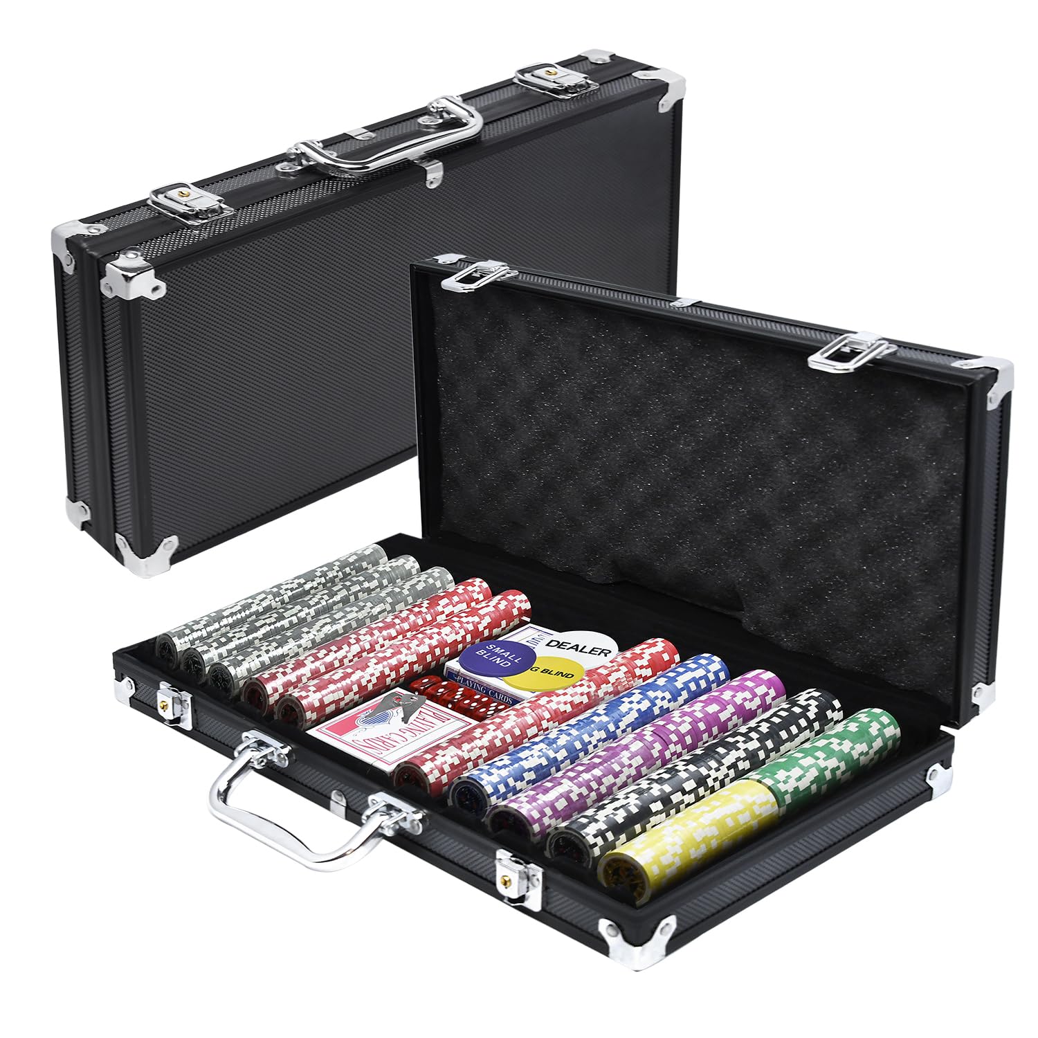 FIVMEN Set da poker da poker da 500 chip, con 500 chip da poker laser, 2 pazzi da poker, 3 bottoni per dealer e 5 dadi con valigetta in alluminio, nero