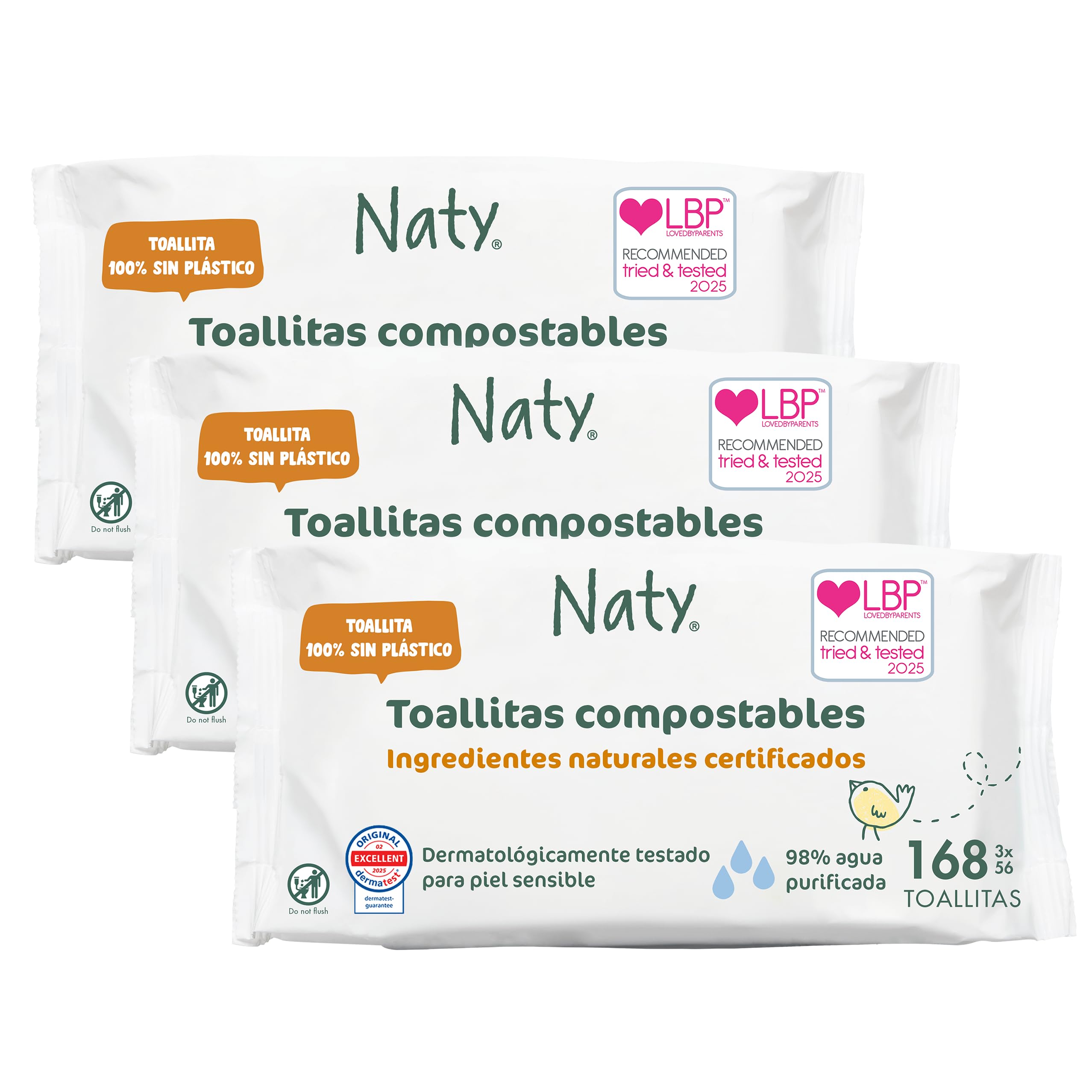 Naty Wipes for Newborns and Babies | 98% Water, Hypoallergenic and Natural for Sensitive Skin | Fragrance-Free, Plant Based | Dermatologist Tested | 168 Count (3 Pack)
