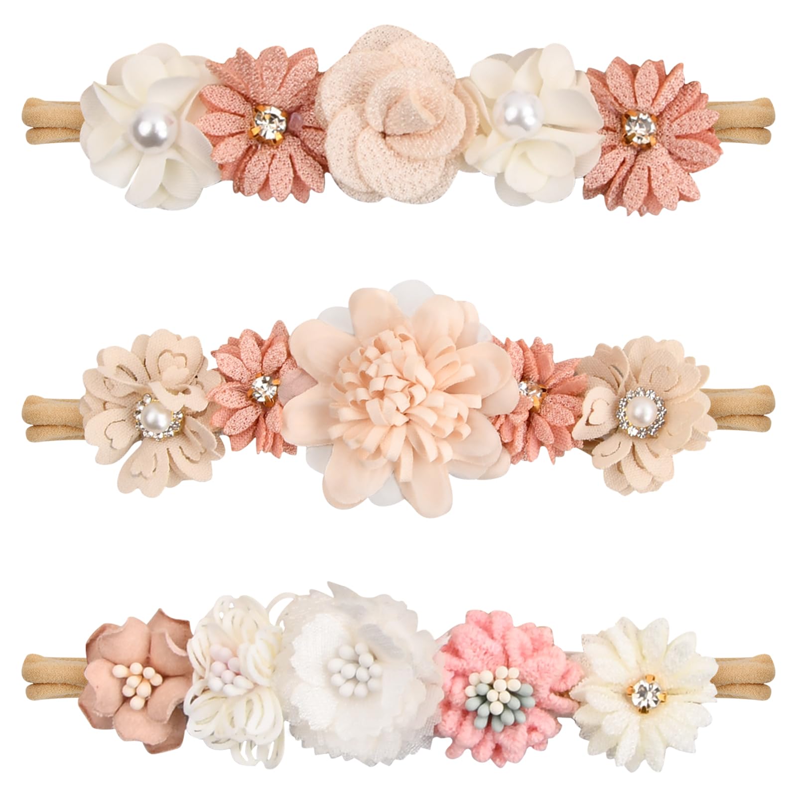 Granvoo 3 Pcs Diademas Bebe Niña 0-3 Años, Diadema Flores con Flor Encaje Perla, Bandas para el Pelo Elásticas de Nailon, Cinta Turbante Pelo para Recién Nacidos Fotografía Partido