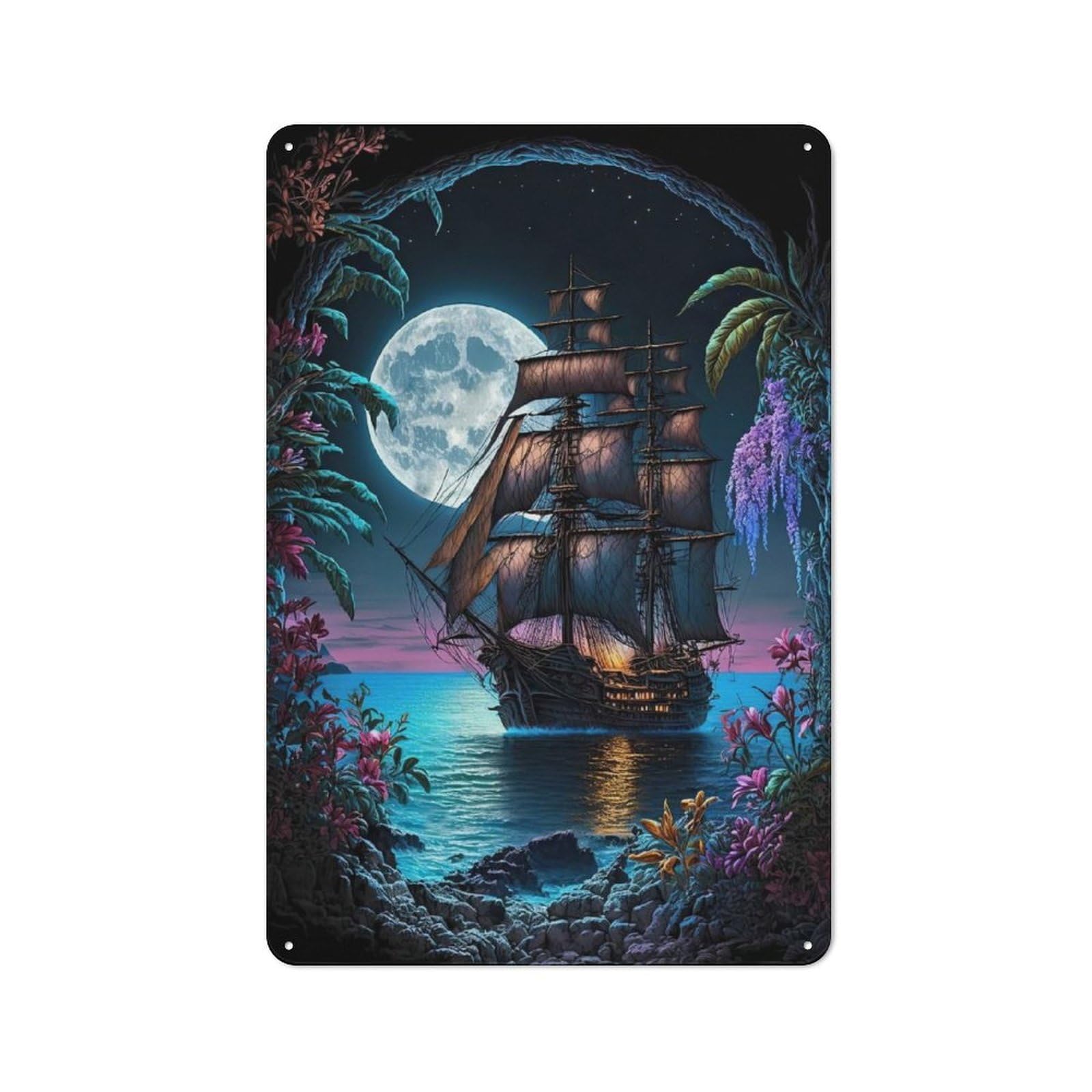 Junmoney Pirate Ship Moonlight Urban Metal Wall Decor 30X20cm, Metal Wall Art Sign For Loft, Studio, Office Or Creative Room