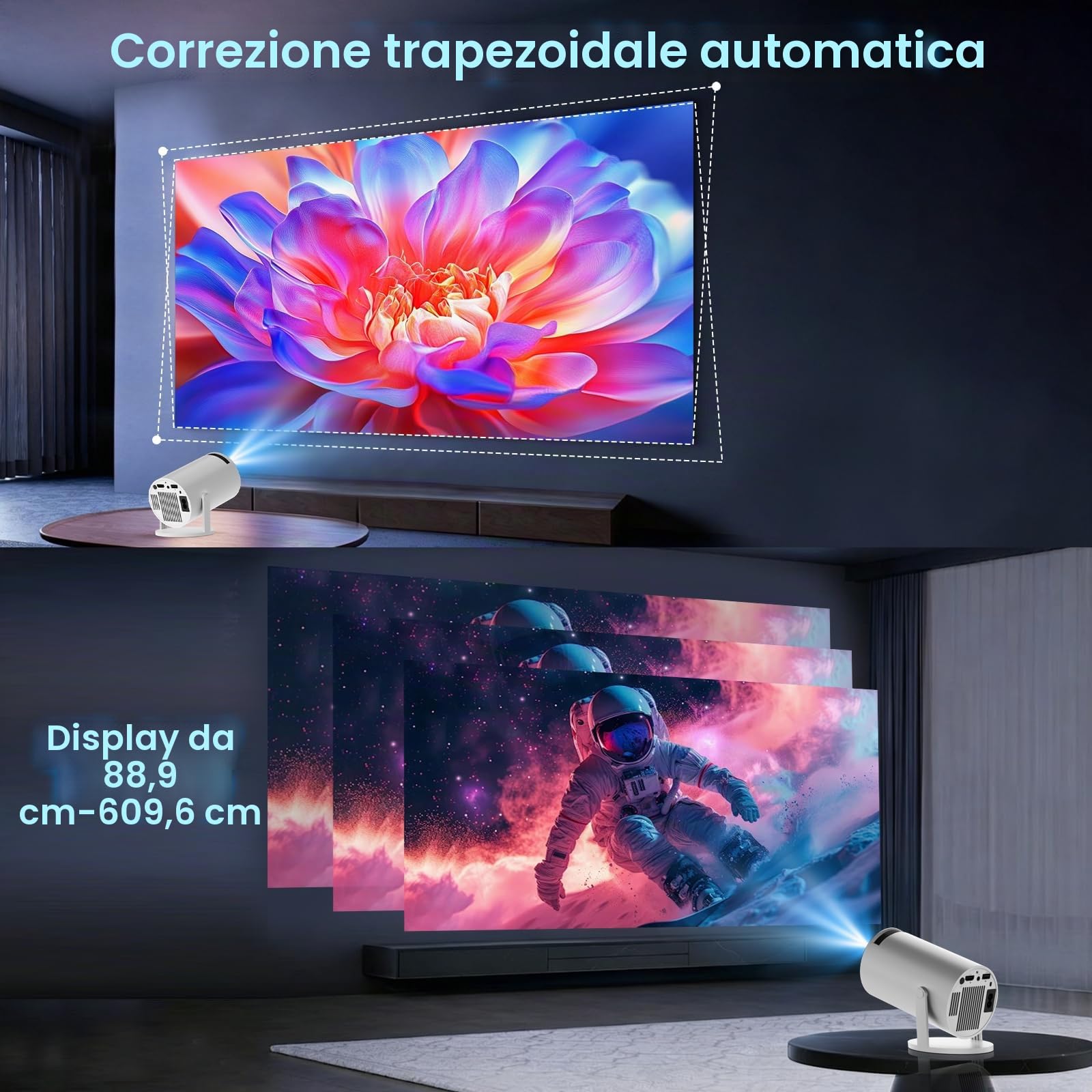 Mini Proiettore 4K 1080P WiFi 6 Bluetooth 5.4 Correzione Automatica Orizzontale Rotabile 180° Portatile HDMI TV Stick Laptop Bianco