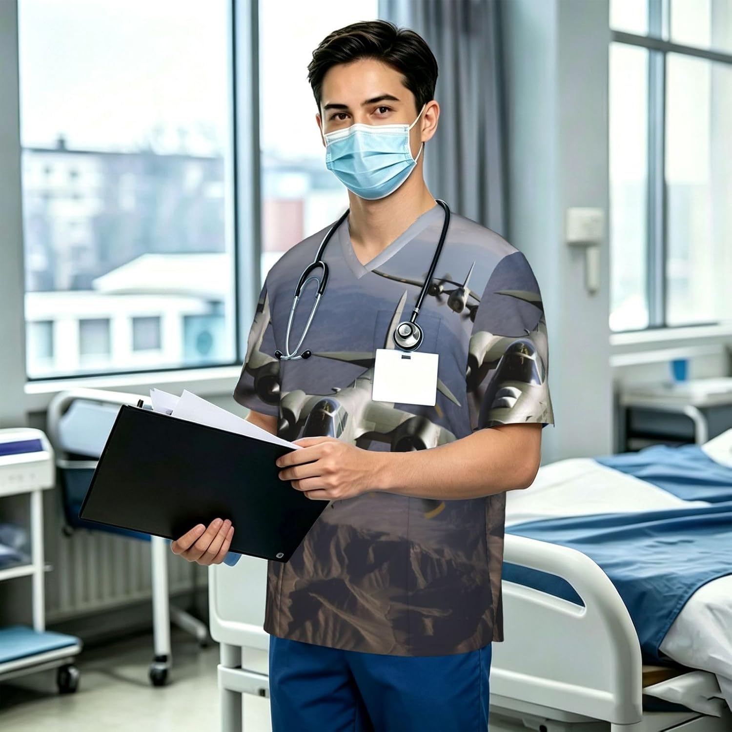 Professional Scrub Tops for Men, Classic V-Neck Workwear with 3 Pockets