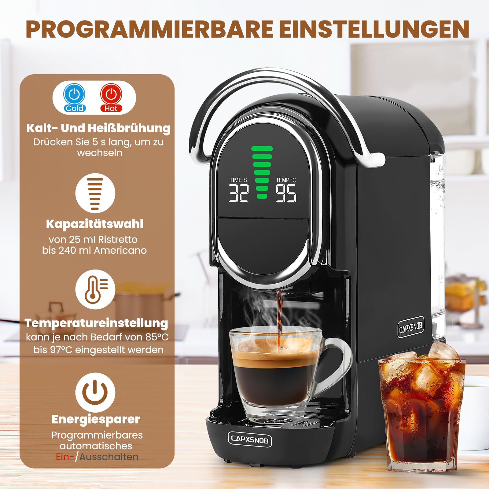 Magician1 Mini 5in1 Kapselmaschine 20bar 1450W LED-Display 7 Wasserstufen Heiß-Kalt-Modus Kaffeemaschine