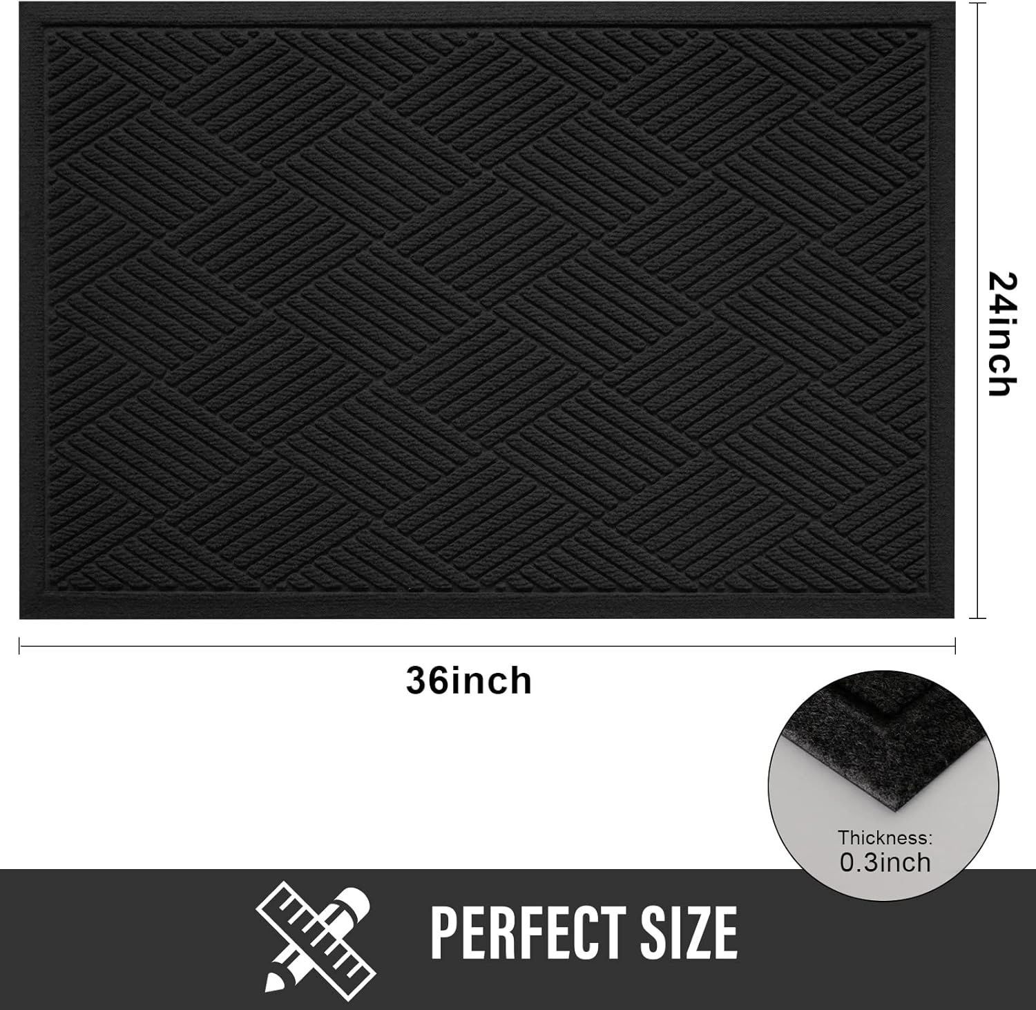 hiyard sturdy front door mat, absorbent muddy dirt resist welcome door mats outdoor indoor, stain and fade resistant, non-slip rubber backing low profile doormat for entryway, 36×24, black black 2' x 3' (rectangular)