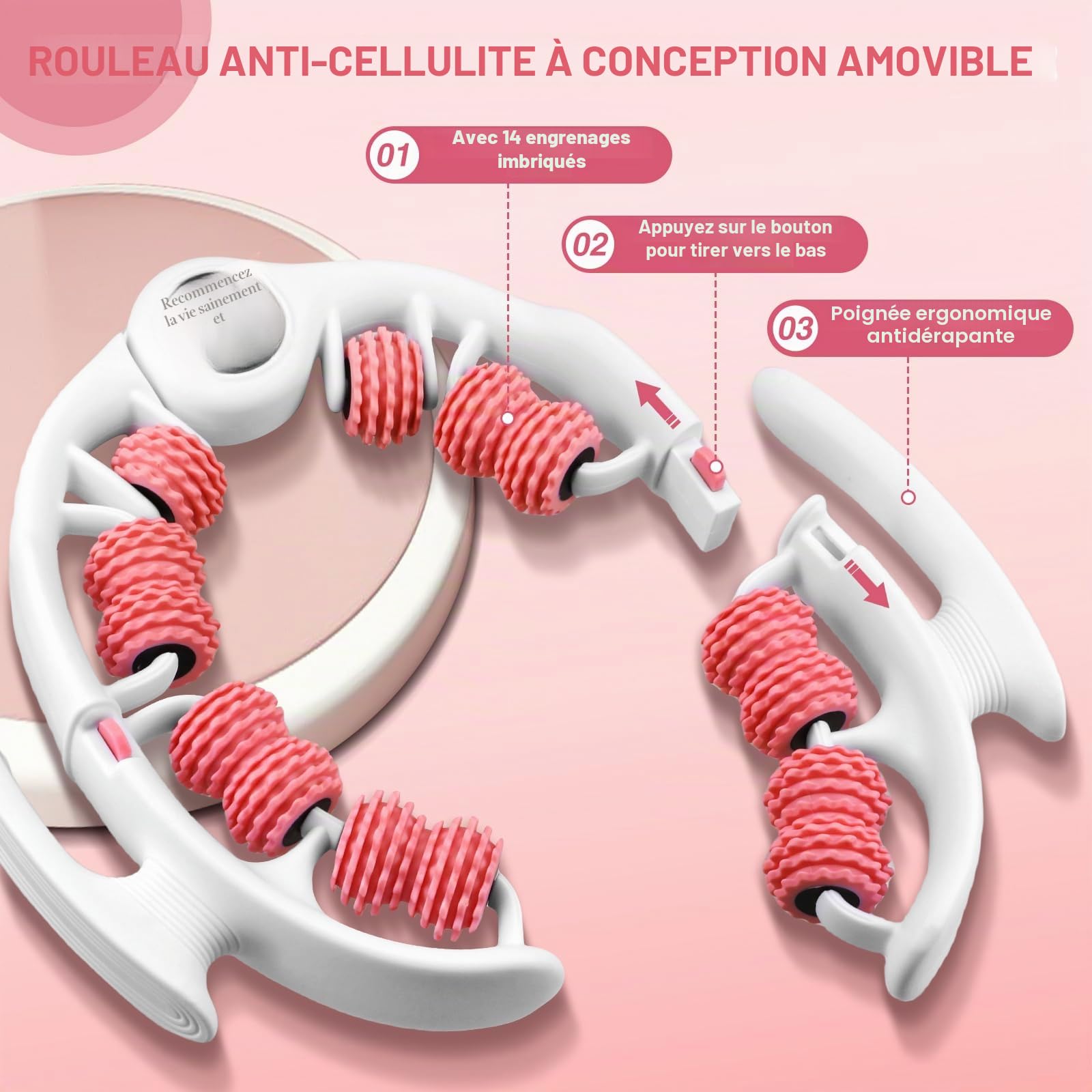 Masseur Anti Cellulite, Rouleau de Massage pour Jambes, Cuisses et Fesses, 360° Massage Cellulite avec Poignées Amovibles, Drainage Lymphatique Jambes (Rose)