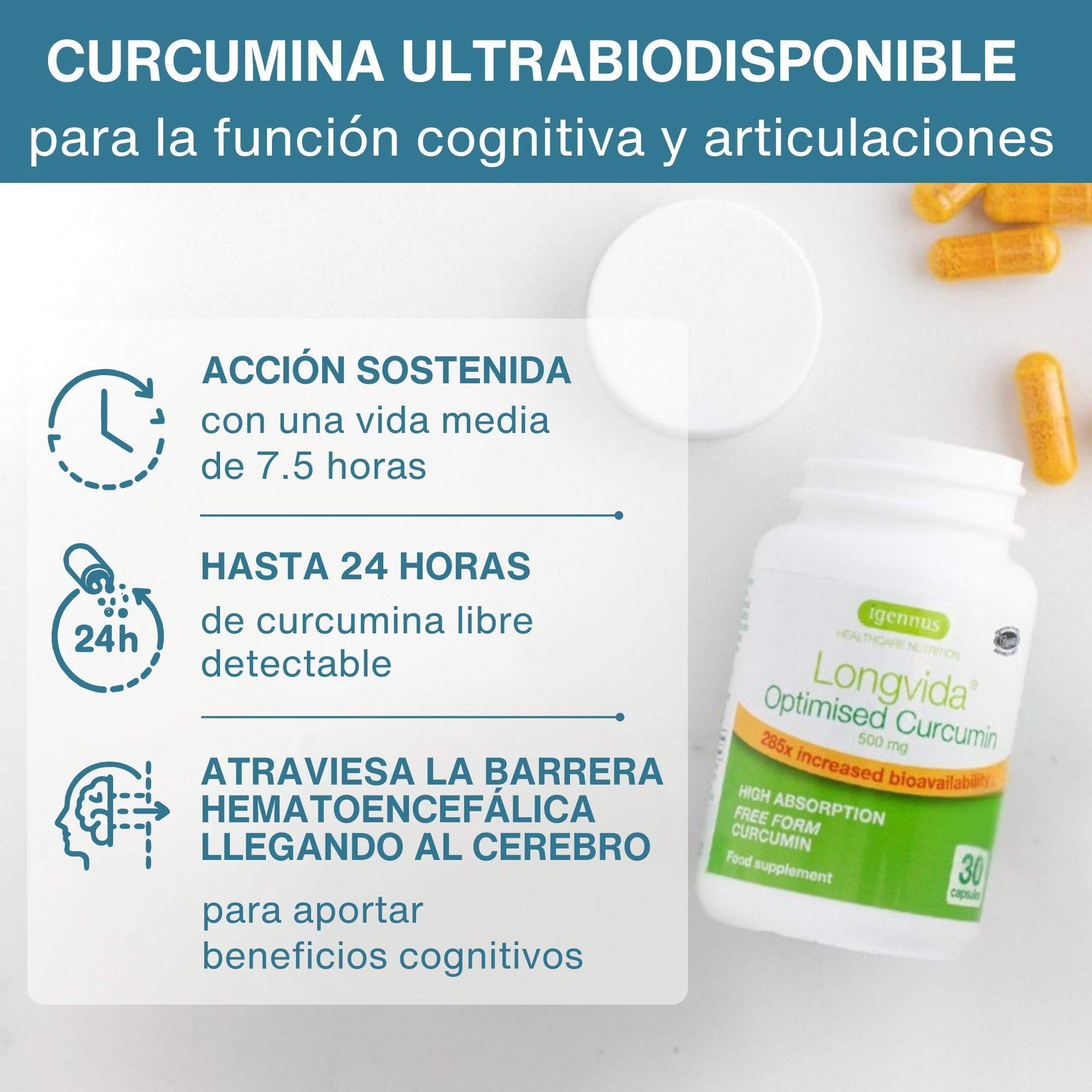 Igennus Longvida Curcumina Optimizada 500 mg, Dosis Alta y Biodisponibilidad 285 veces Mayor, Rápida Absorción con Acción Sostenida, Vegano, 30 Cápsulas
