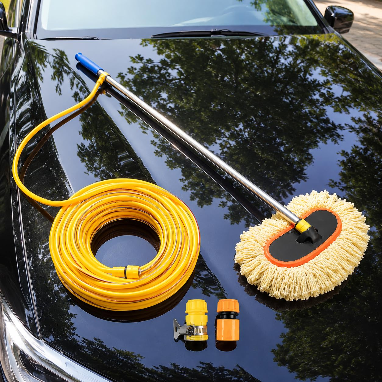 Lot 1 Mop de Lavage de Voiture à Passage d'eau, 2 raccords Rapides + Tuyau d'eau de 10 m, Manche télescopique, adapté pour SUV et Camping-Car