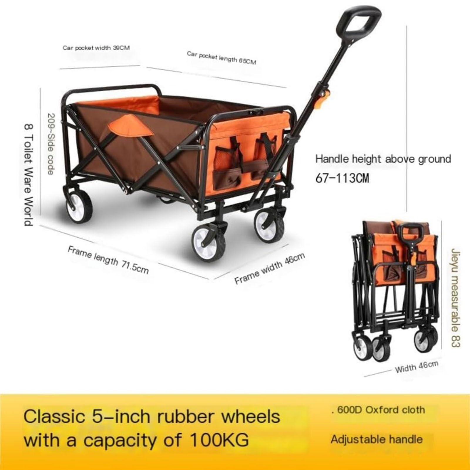 Carretto Pieghevole con Freni Carrello Spesa da 100 kg con Ruote Extra Larghe for Tutti I Terreni E Freno Maniglia Regolabile E Borsa di Copertura Carrello da Campeggio da 100 Litri for Picnic