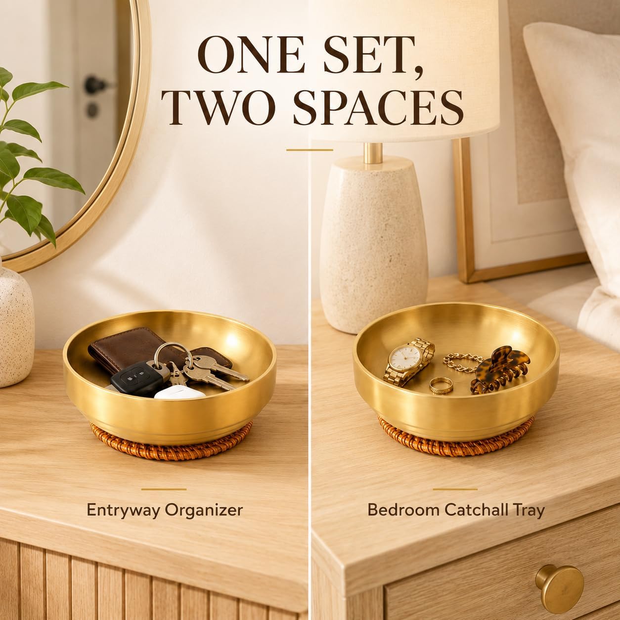 2 Pack Gold Key Bowl With 2 Mats, 19cm Decorative Catch All Set for Entryway Table, Key Dish Bowl for Jewelry Coins Fruit Kitchen Counter Decor
