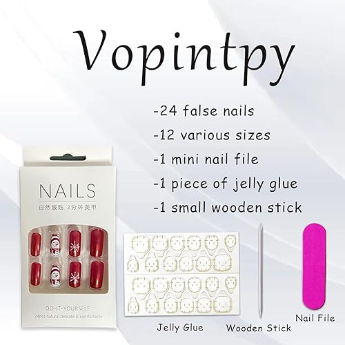 Miniatura 5 de Uñas postizas a presión de Navidad, diseño de copo de nieve, muñeco de nieve, uñas postizas de color rojo brillante de color sólido con pegamento en