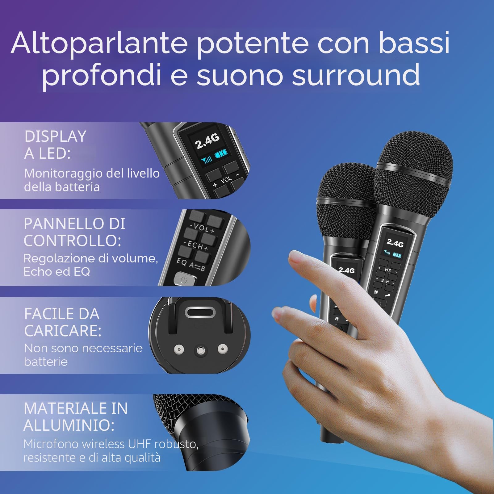 Casse Karaoke Portatile, Tutto-in-Uno Karaoke Professionale Completo con Cassa Bluetooth da 20W, 2 Microfoni Karaoke Wireless e Slot per Microfono Ricaricabile, Ideale per Karaoke Domestico