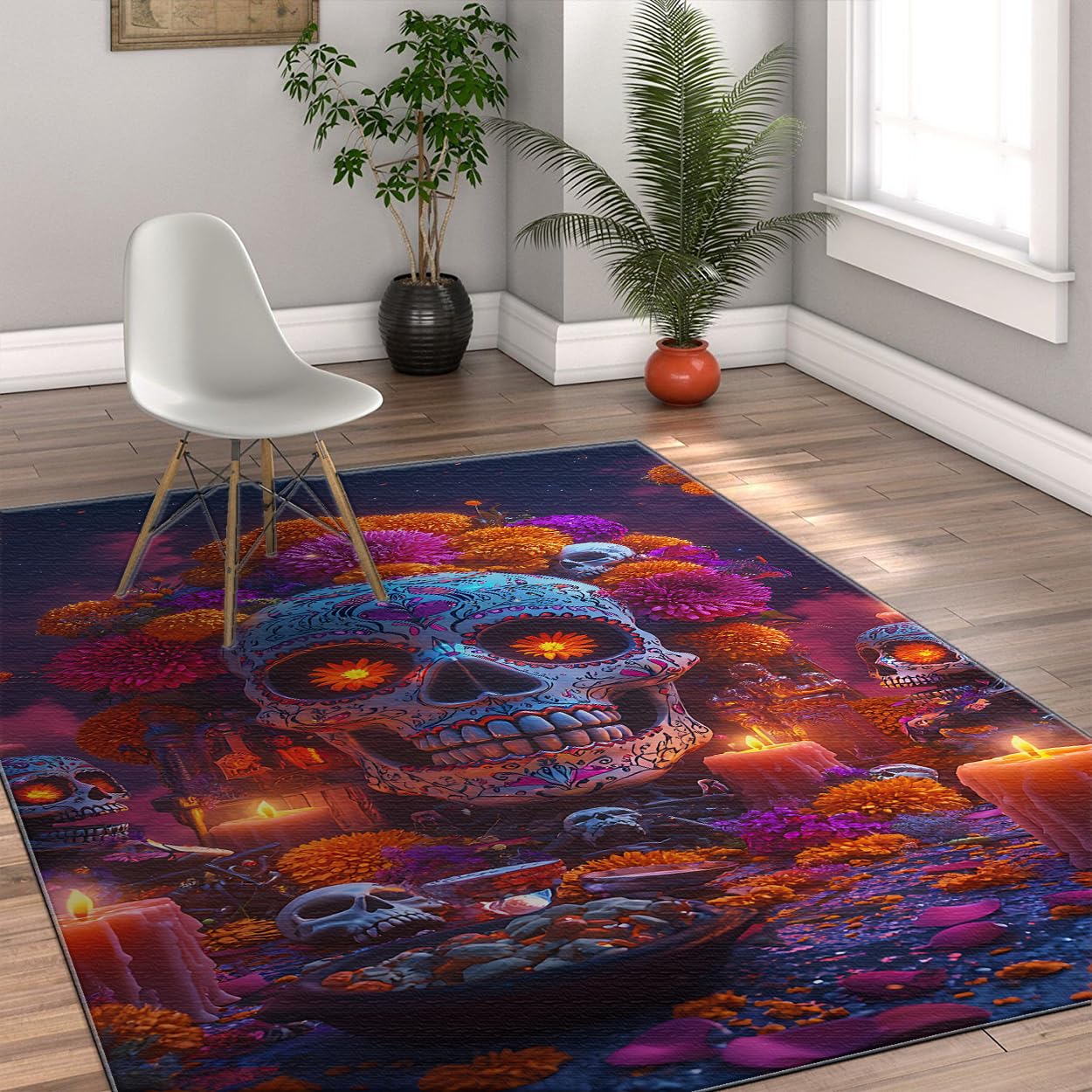 Boho kwiatowy 10 x 20 cm dywaniki kuchenne nadruk czaszki i nagietka mata podłogowa niski dywan do jadalni patio Halloween dzień zmarłych wystrój