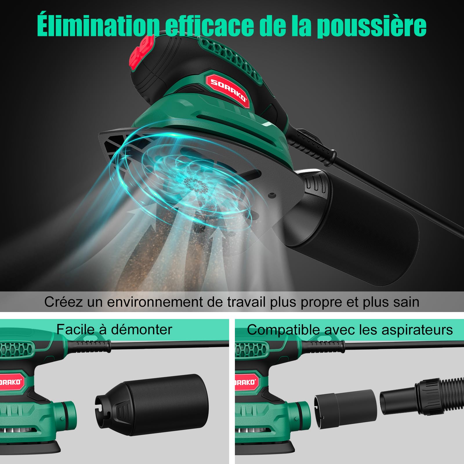 SORAKO Ponceuse Electrique, 220W 14000 OPM Ponceuse Triangulaire Avec Sac à Poussière Et 16 Feuilles De Papier De Verre,IdéAl Pour Poncer Les Surfaces En Bois Et En Acier Dans Les Espaces Restreints