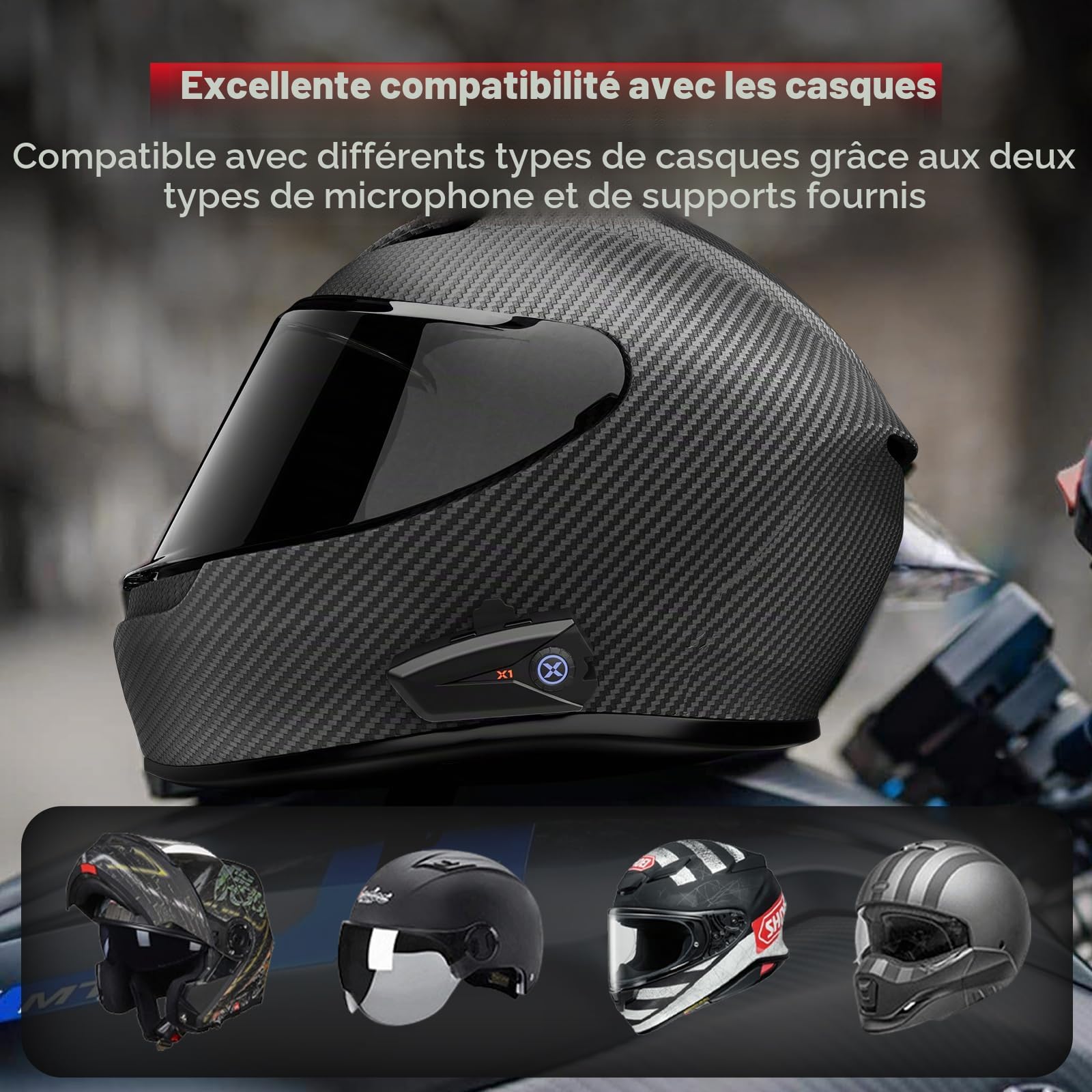 X1 Casque Moto Bluetooth V5.3, Écouteurs Moto avec Assistant Vocal, Haut-parleurs de 40 mm avec IP67 étanche, 60 Heures d'autonomie, Kit Main Libre Moto pour Motocyclette/ ATV/ Vélo (Pilote Solo)