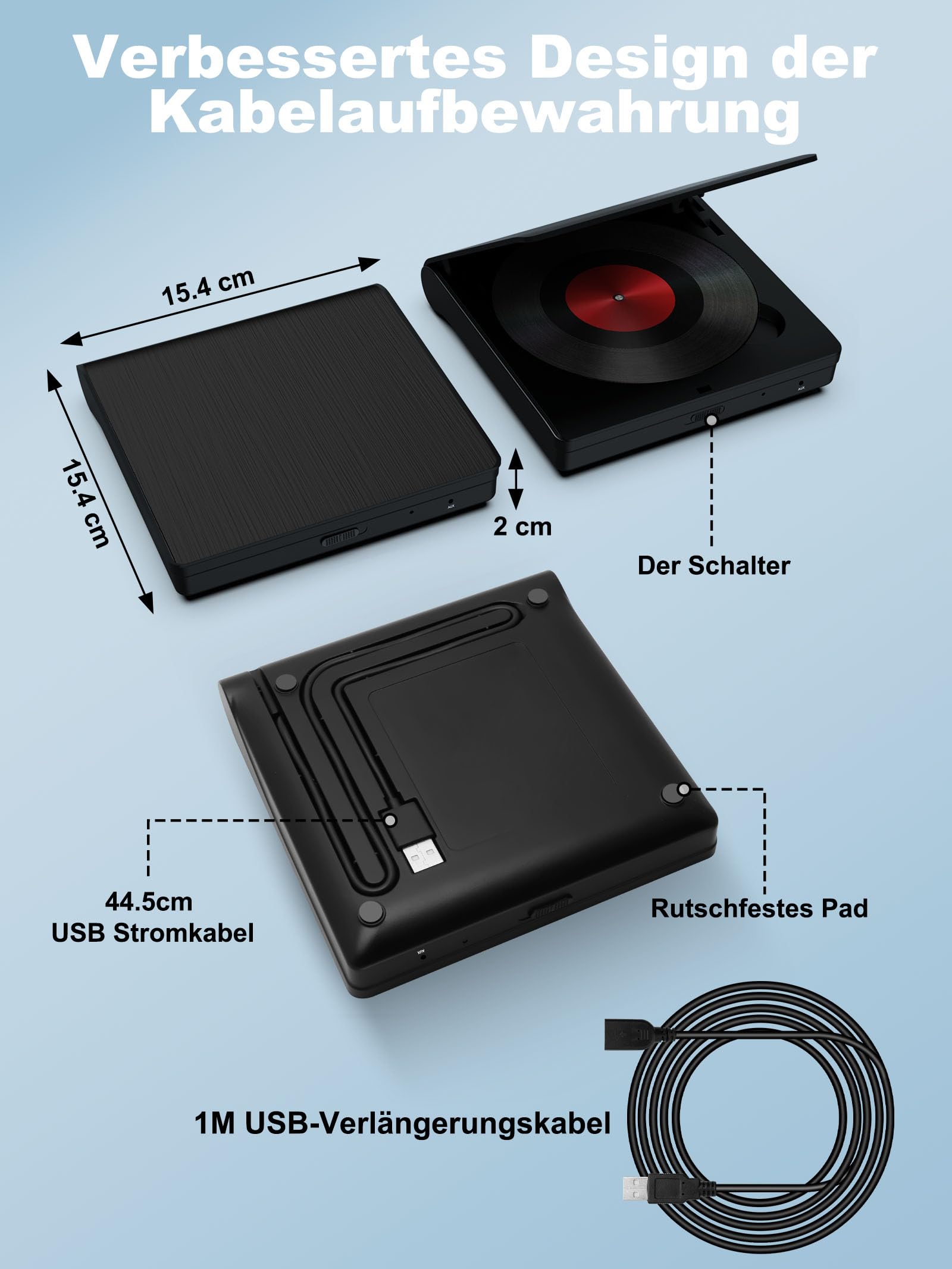 CD Player für Auto mit USB Anschluss - Lehwey CD Laufwerk für Auto mit 1M Verlängerungskabel, Externes CD Laufwerk für Laptop, PC, Fernseher, kompatibel mit Android Autoradio, Externer CD Spieler Auto