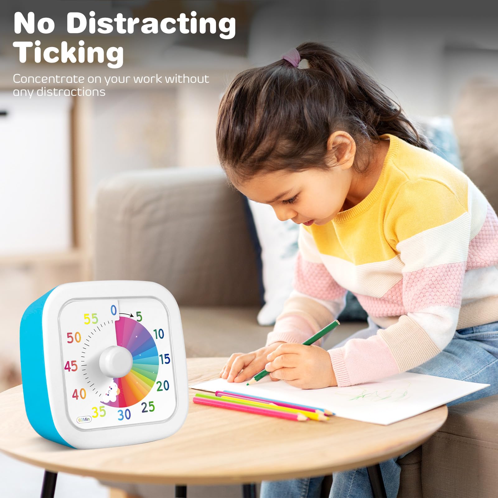 Timer visivo per bambini, 60 minuti, conto alla rovescia, per aula, ufficio, cucina, timer visivo, per bambini, conto alla rovescia, timer con funzionamento silenzioso