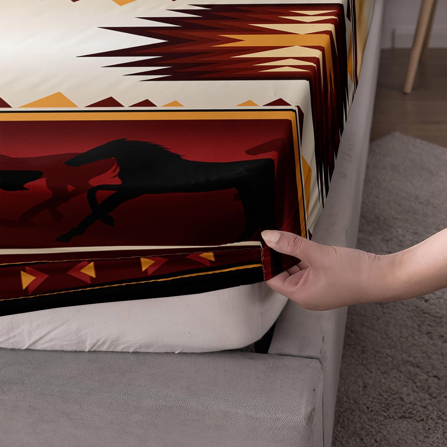 AILONEN 3D Horse Fitted Sheet Set Twin Size, Galloping Horse Bedding Set for Kids Girls Boys,Vintage Animal Print Bed Sheet Set for Bedroom Decor,1 Fitted Sheet + 2 Pillowcases,3 Pieces