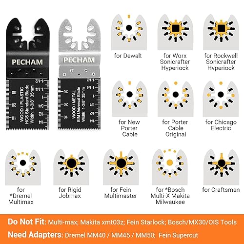 Miniatura 70 de PECHAM 24 hojas de sierra oscilantes universales de metal de madera de liberación rápida para Porter Cable Black & Decker Rockwell Ridgid Ryobi