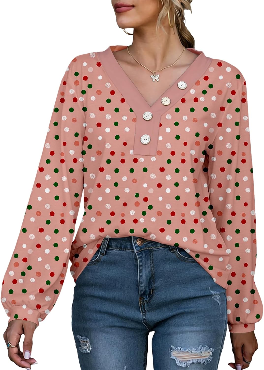 Elegant Button Solid Top Women V Neck Puff Long Sleeve Lightweight Spring Casual Trendy Comfy Tops