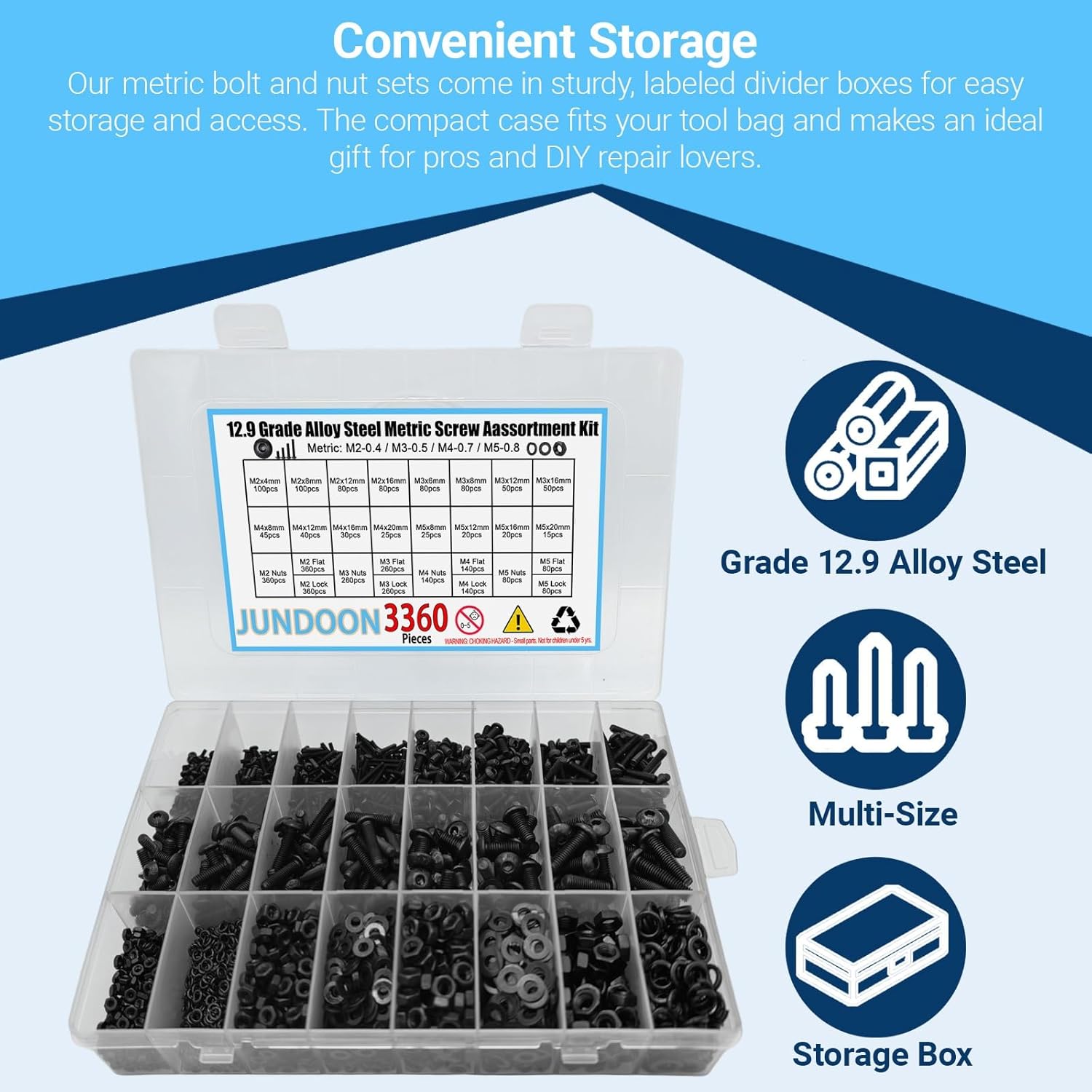 3360PCS Metric Screw Assortment Kit, M2 M3 M4 M5 Hex Button Head Cap Screws, 12.9 Grade Alloy Steel Bolts with Nuts, Flat Washers & Lock Washers Set
