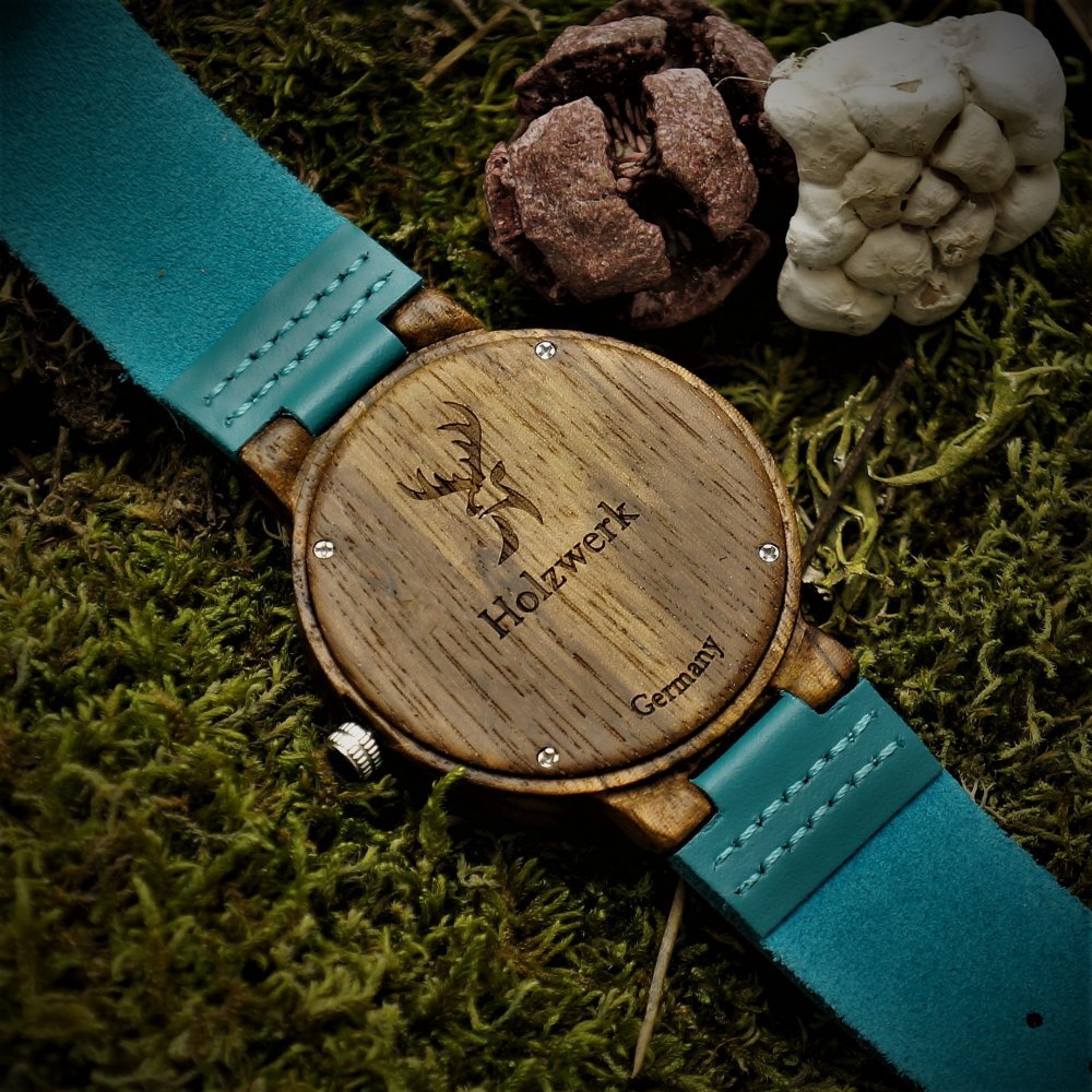 Holzwerk Germany Ręcznie wykonany designerski zegarek damski zegarek męski ekologiczny naturalny drewniany zegarek skórzany zegarek analogowy klasyczny zegarek kwarcowy niebieski turkusowy
