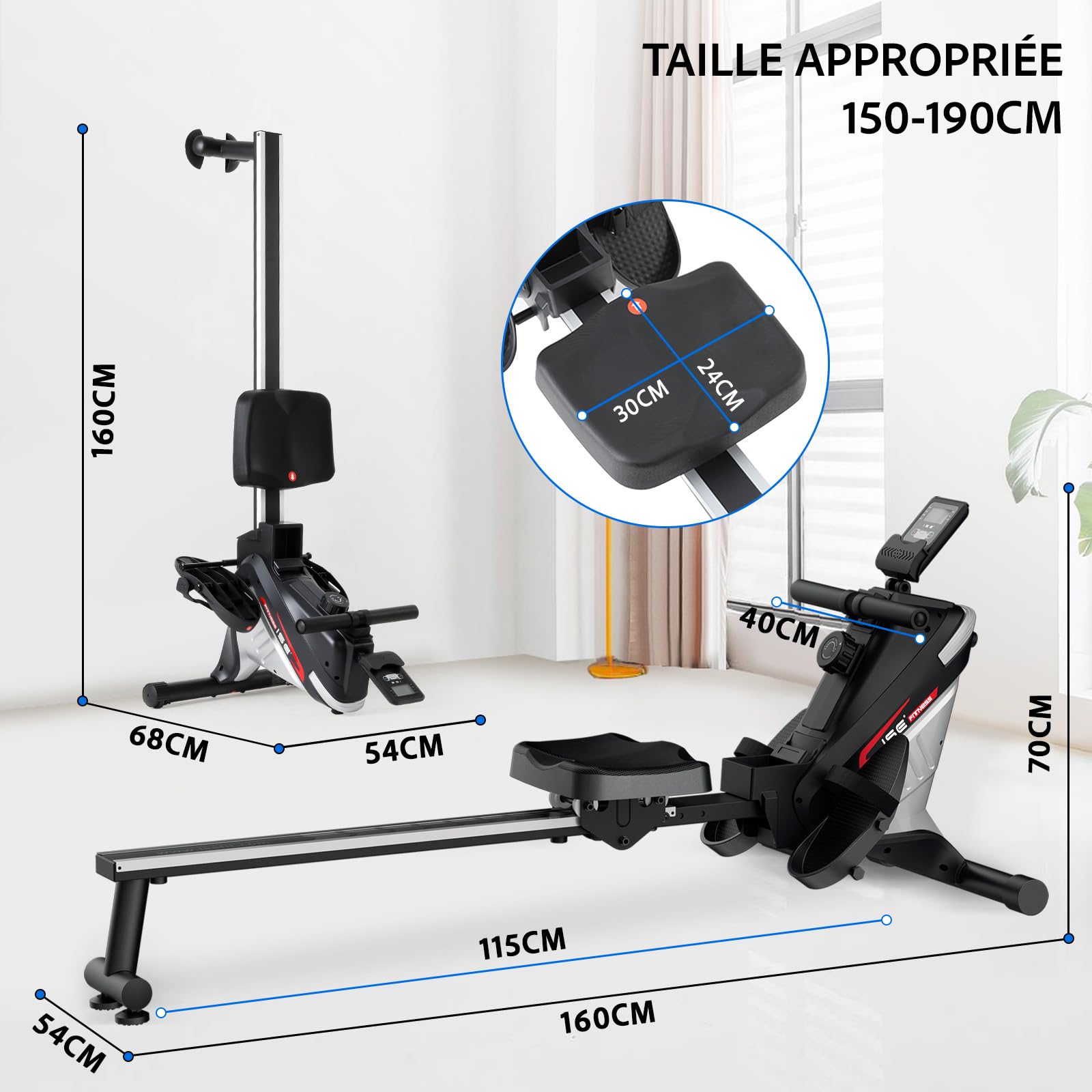 ISE Rameur Musculation, Rameurs Pliable Appartement, Rameur Magnétique 8 Niveaux Résistance, Rowing Machine Silencieux Stable, Rails Solide&Lisse, Rameurs Ecran LCD, Siège Ergonomique, Cardio-Training