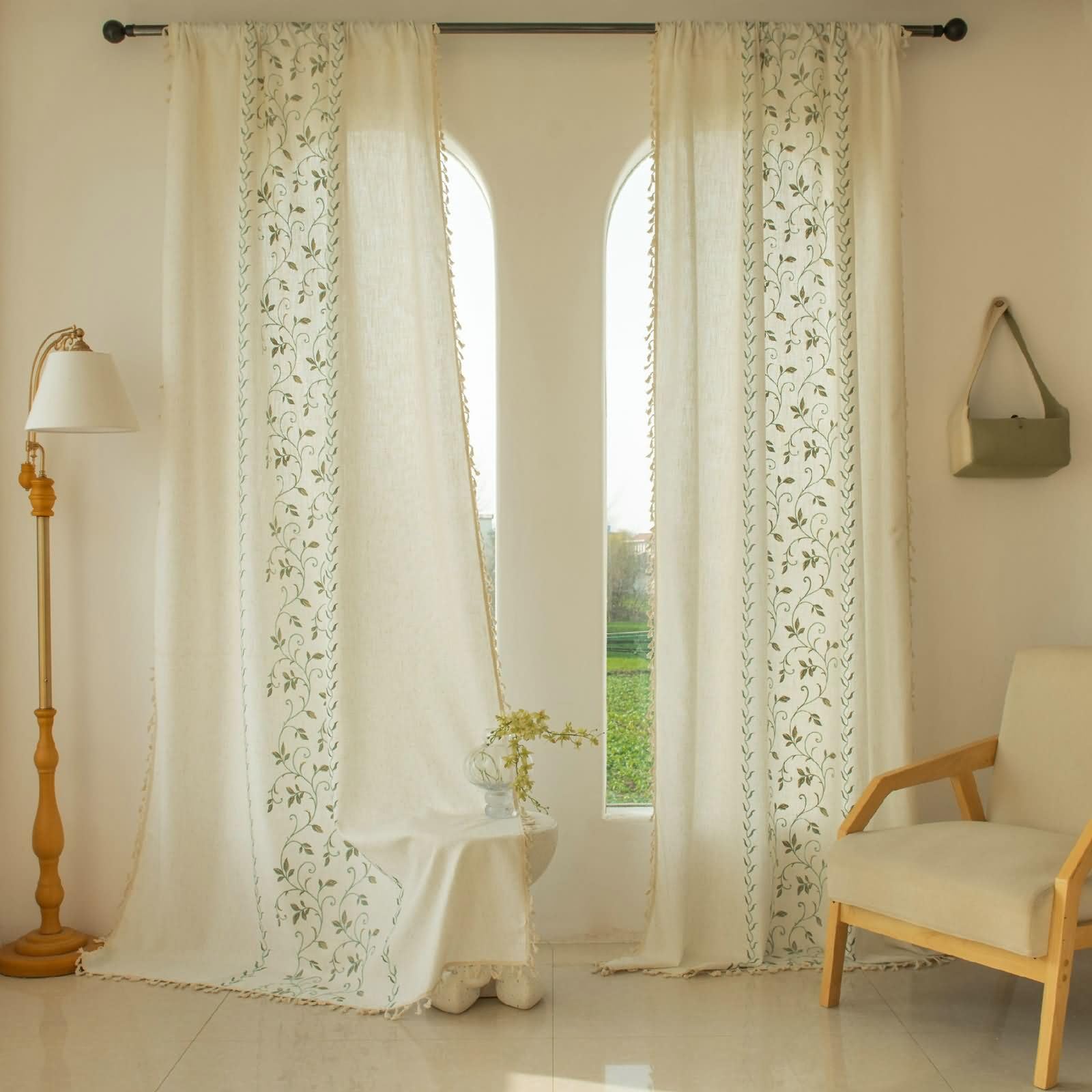Rideaux beige vert floral brodé à crochets 140x60cm x2 vintage pour cuisine