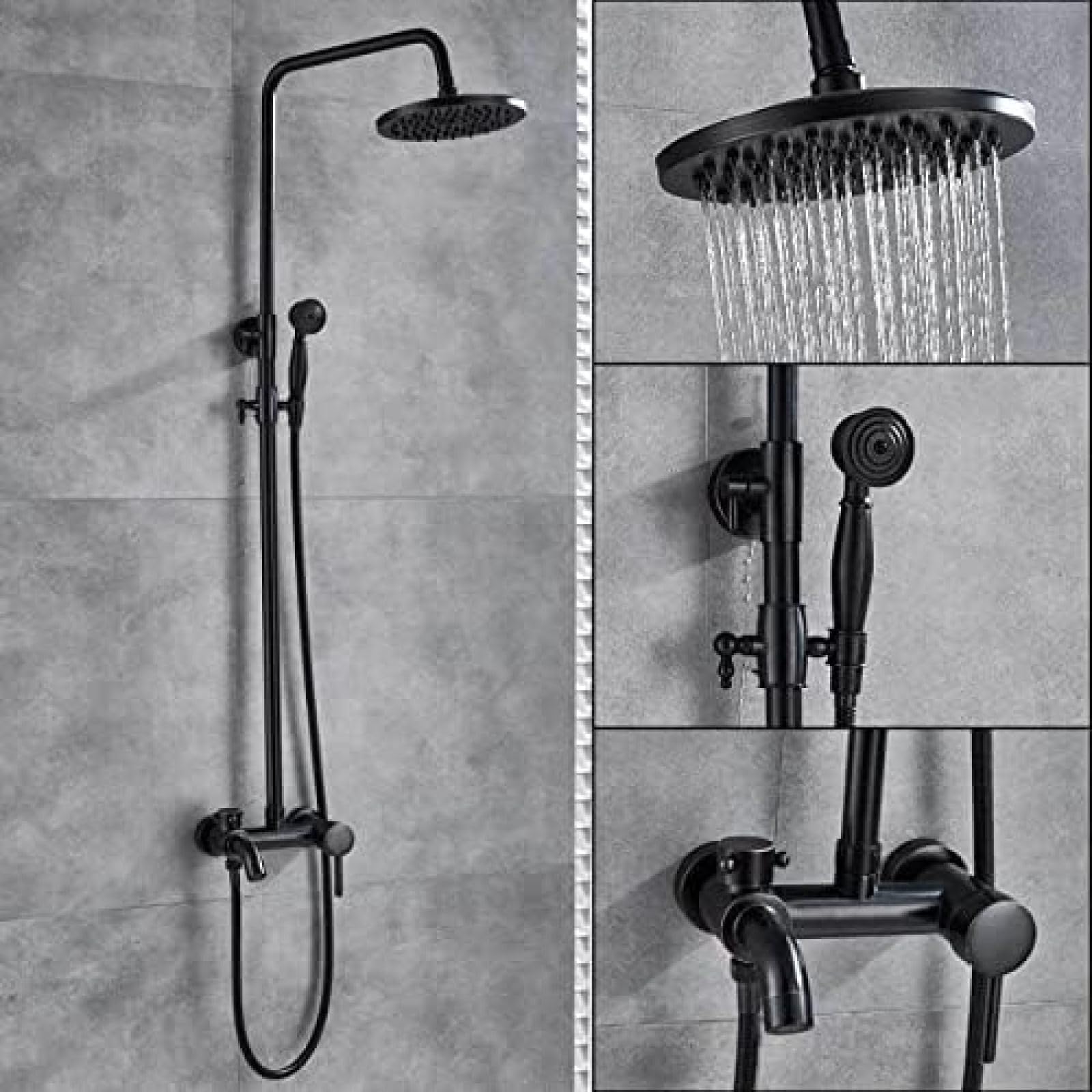 GLJTUO Bath Shower Mixer Faucet 8 Inch Shower Set Rainfall Brass Shower Head in Wall Rain Shower Faucet with Handshower Brass Spout,Chrome,Black with Shelf,Black Bronze A01