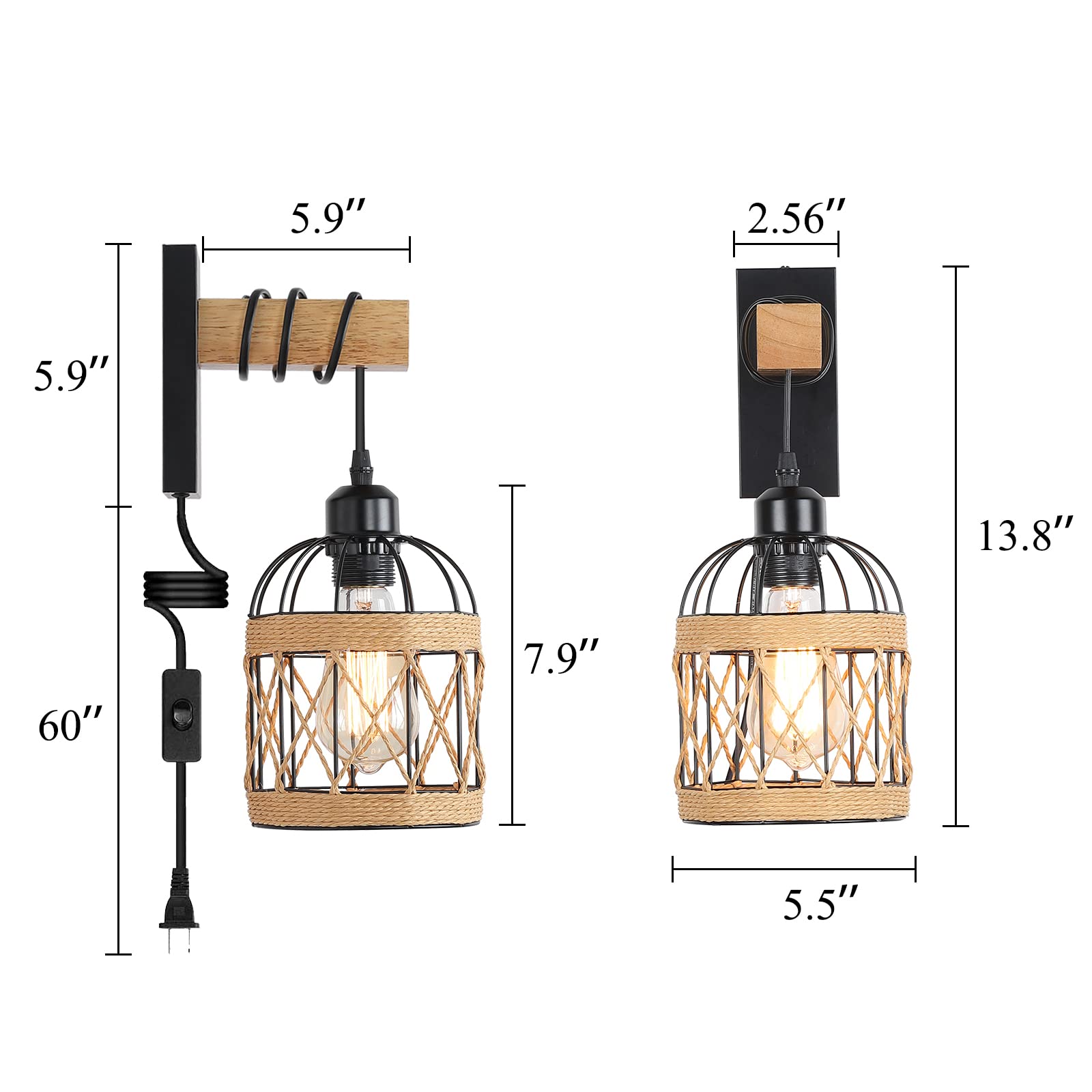 HOTRAN Plug in Wall Sconces Set of Two, Farmhouse Wall Lamps for Bedrooms Set of 2, Rustic Wall Mounted Lights for Bedside, Living Room, Sconces Wall Lighting Fixtures with 60inch On/Off Switch Cord