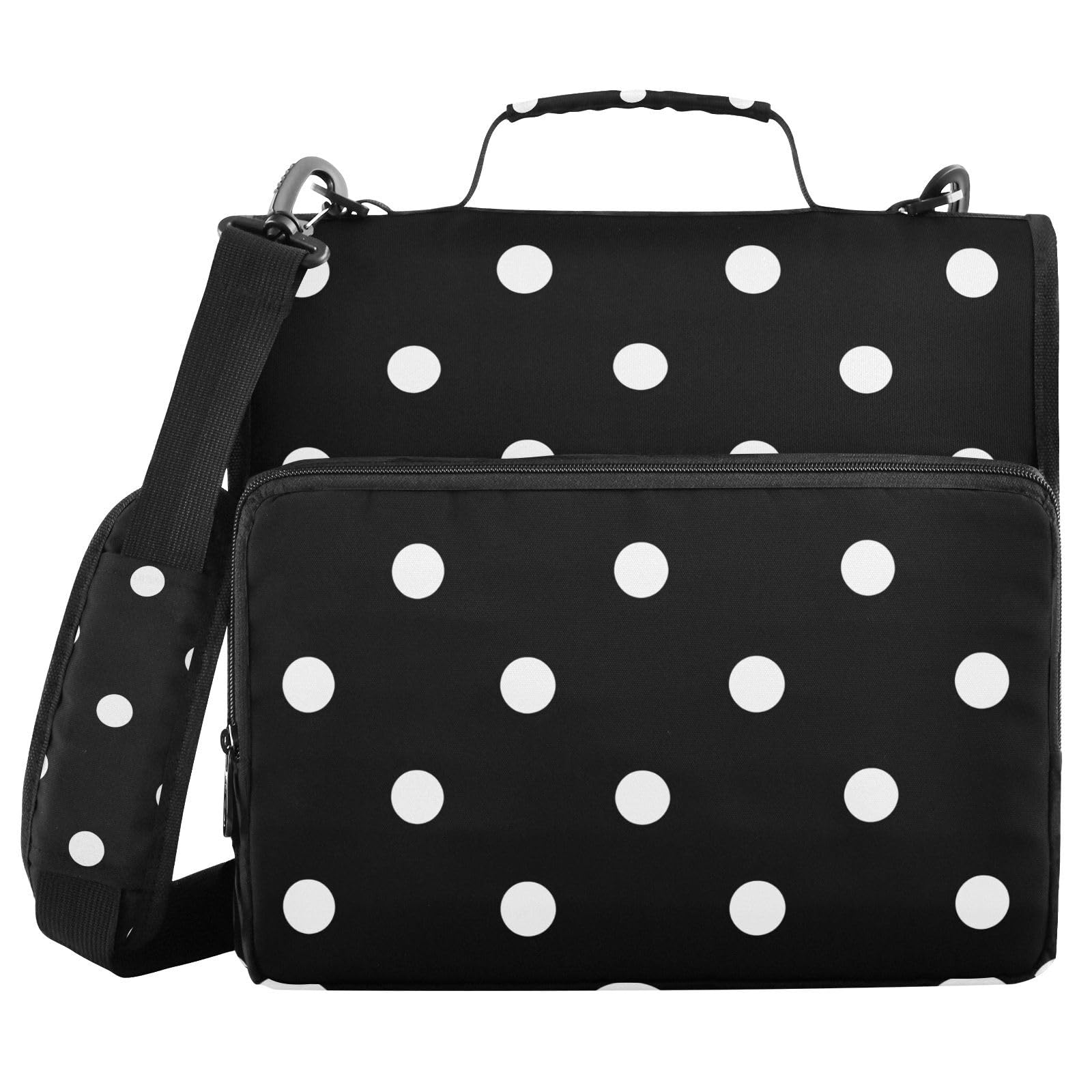 3 Ring Zipper Binder with Shoulder Strap Black White Polka Dots Pattern