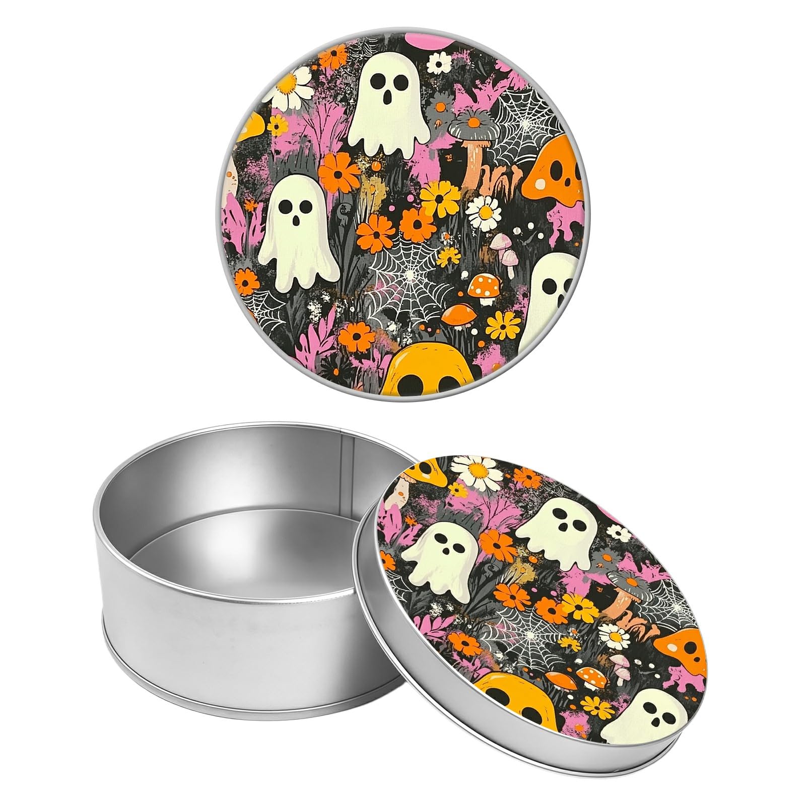 Round Metal Tin Container with Removable Lid, Ghost Flowers Durable Metal Storage Box for Crafts Snacks Candies Office Supplies Small Items 3.54 x 1.38 inch– Single Pack