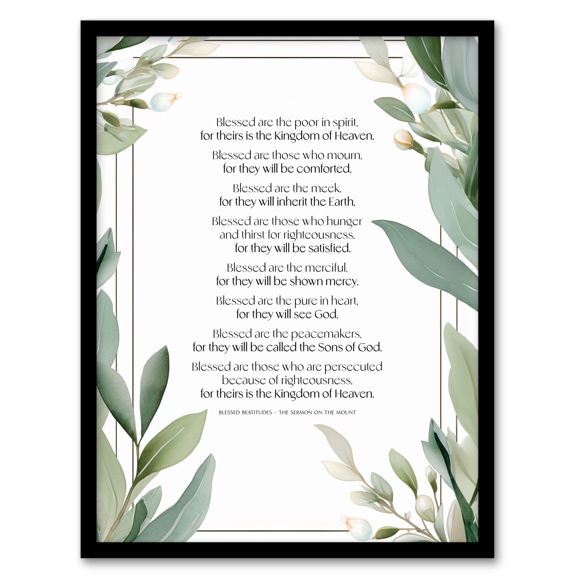 Artery8 Blessed Beatitudes Sermon of the Mount Matthew Gospel Green Jesus Christ Christian Bible Faith God Quote Revelations Flowers Artwork Artwork Framed Wall Art Print A4
