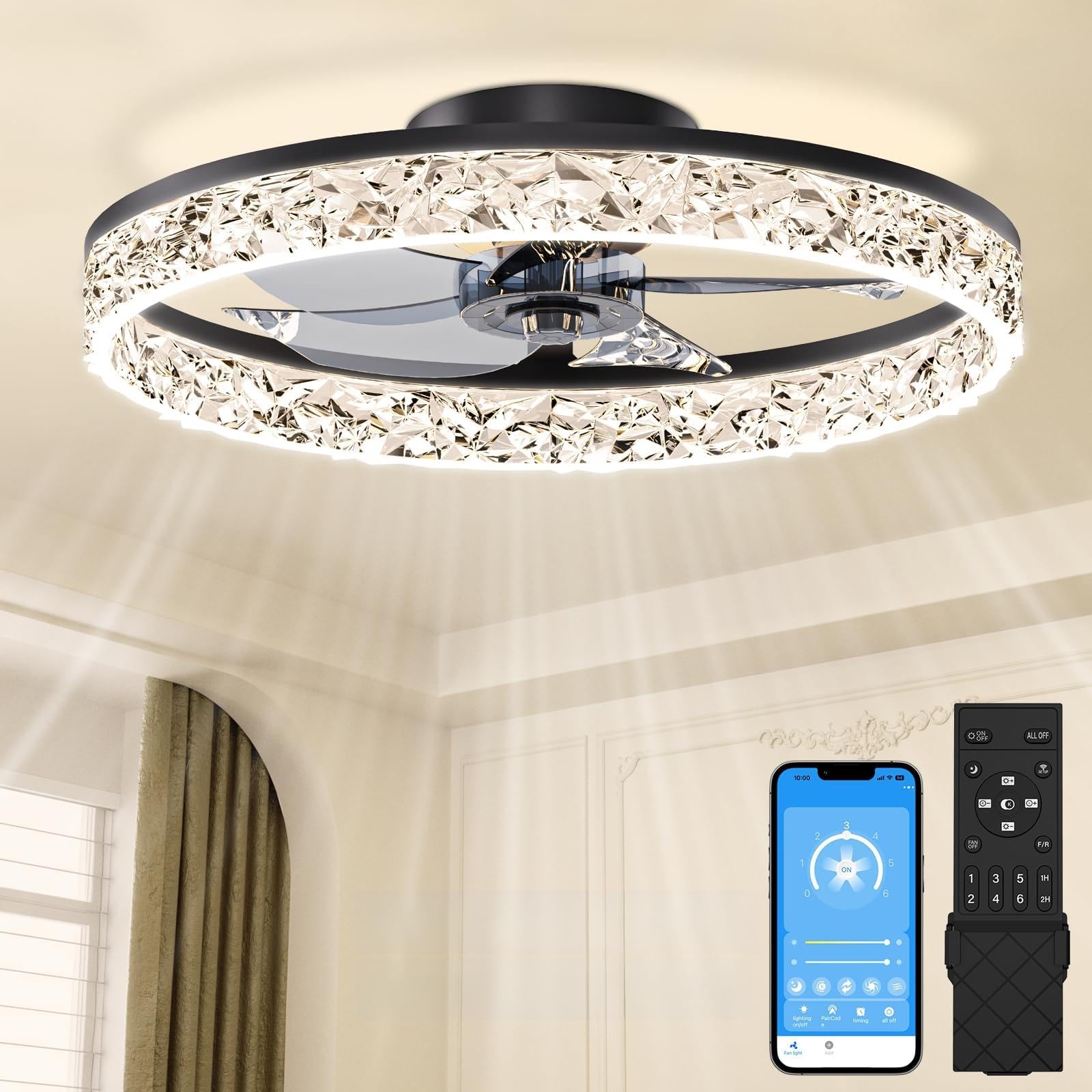 Chinly 50 Cm Led Ceiling Fan With LightsFlush Mount Fans W / App Remote,3000 K / 4500 K / 6000 K Stepless Dimmable Low Profile from B&Q