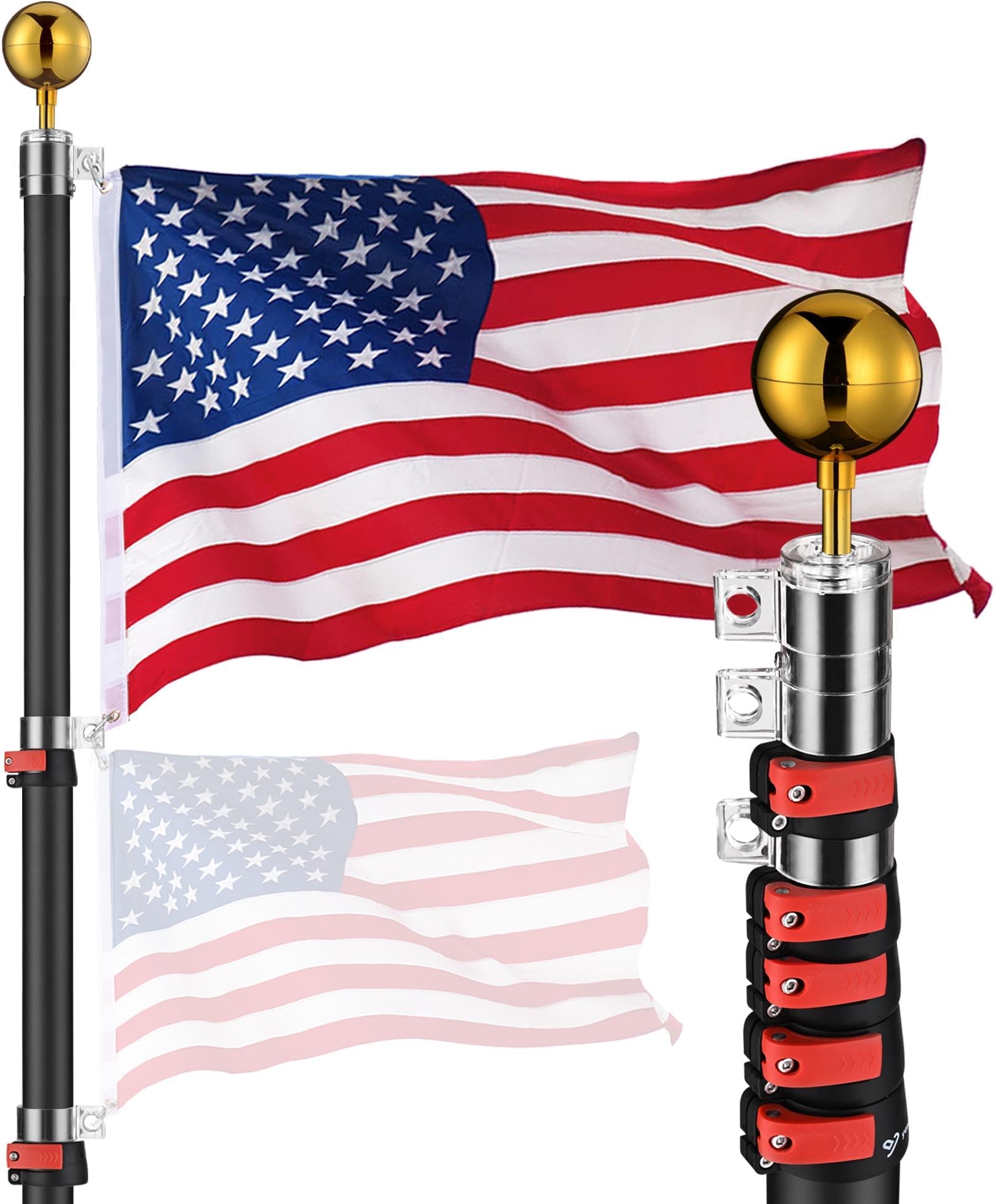 Yescom EZ GO 20ft Telescopic Flag Pole Kit Upgrade Rotating Lock Aluminum Flagpole Set for Outside House Inground Outdoor Camper RV Tailgate Residential Commercial with 3x5' US Flag Ball Top, Black