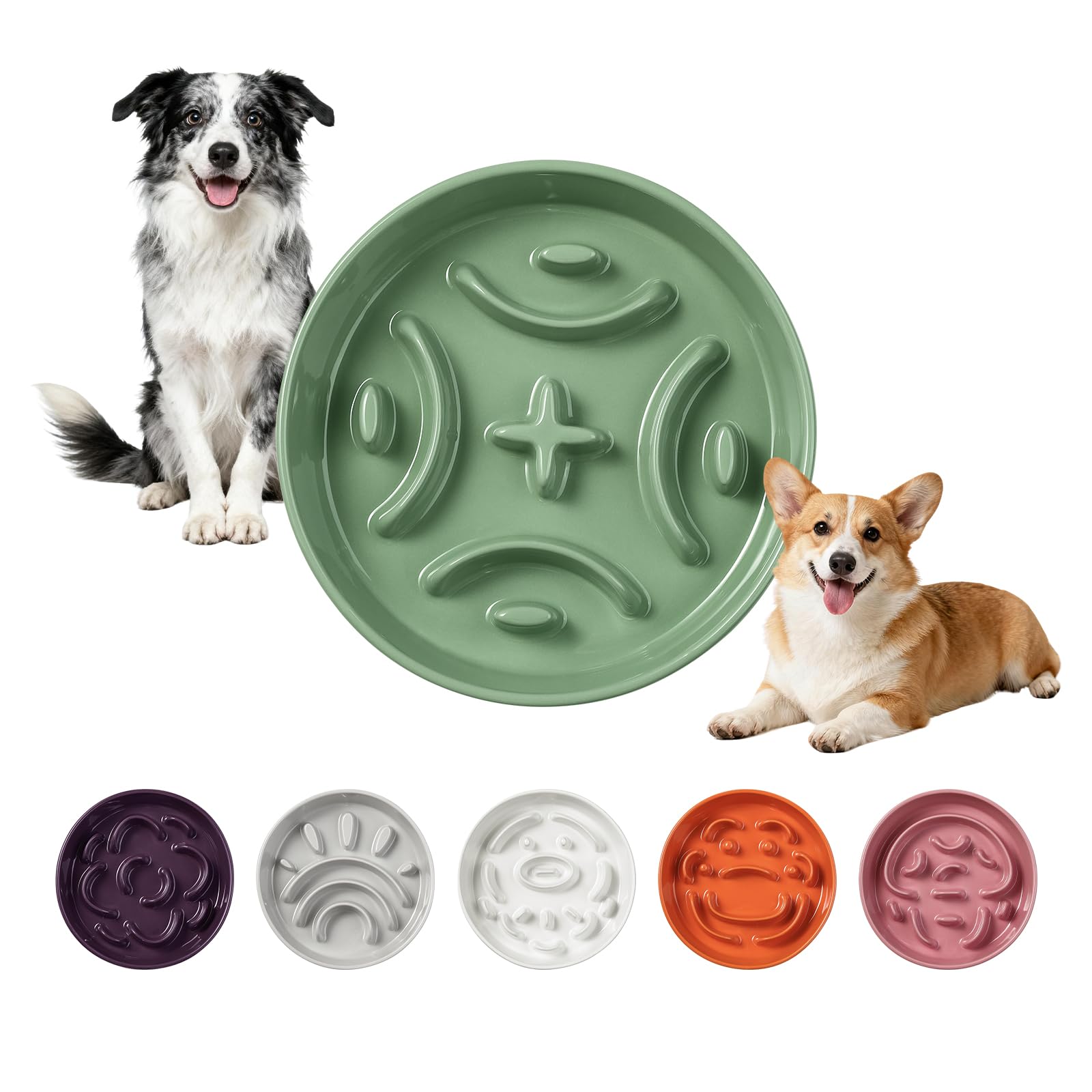 Ceramic Slow Feeder Dog Bowl - Maze Dog Bowl to Slow Down Eating - Feeding Dish for Fast Eaters - Ideal Food Control Dish for Medium to Large Breeds - 8.2 Inch - 1.8 Cups (180g) - Green