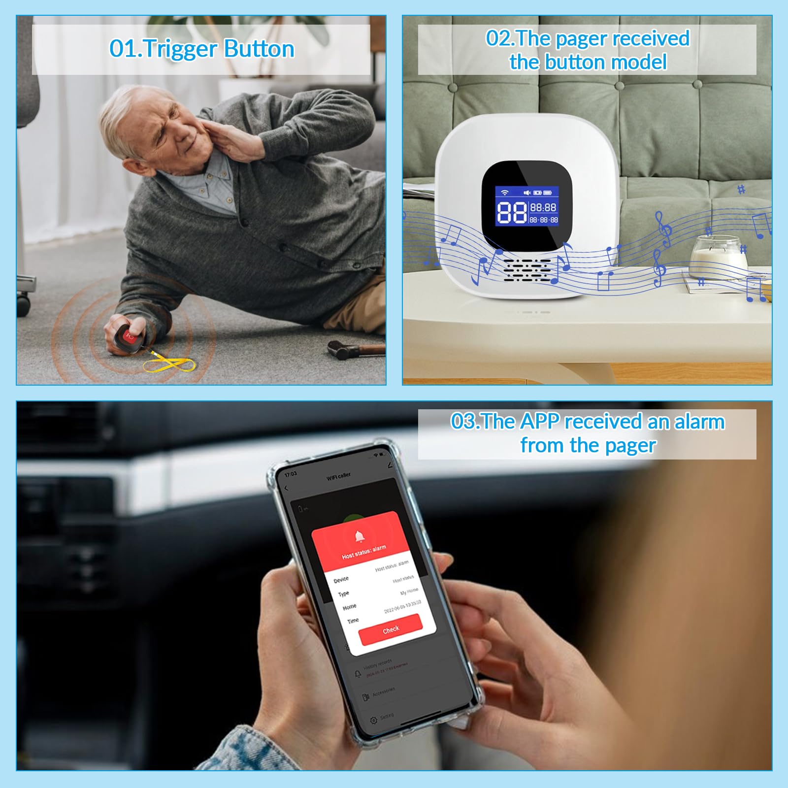 WiFi Pulsante Emergenza Anziani per Anziani Pazienti Disabili | Smart SOS Allarme Pulsante di emergenza, 1 Ricevitore + 3 Pulsante (Supporto solo 2.4GHz Wi-Fi)