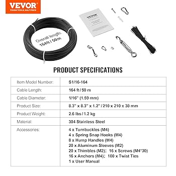 VEVOR Vinyl Coated Wire Rope Kit, 3/32 Cable Through 1/16