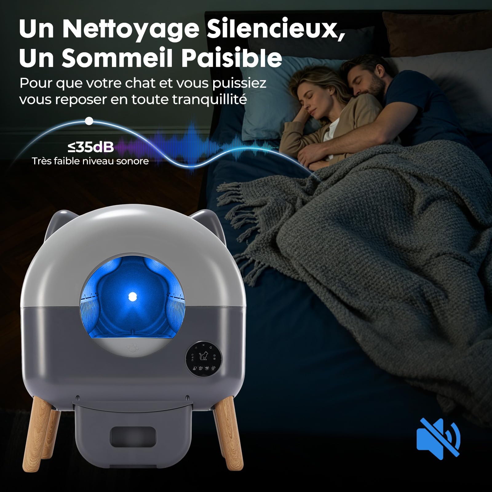 GTPLAYER Litiere Chat Autonettoyante 66L, Litière Automatique avec Contrôle APP, Anti‑Pincement, Éclairage LED 6 Couleurs, Bac Litiere pour Chat Inclus Tapis & Déodorant, pour Plusieurs Chats, Gris