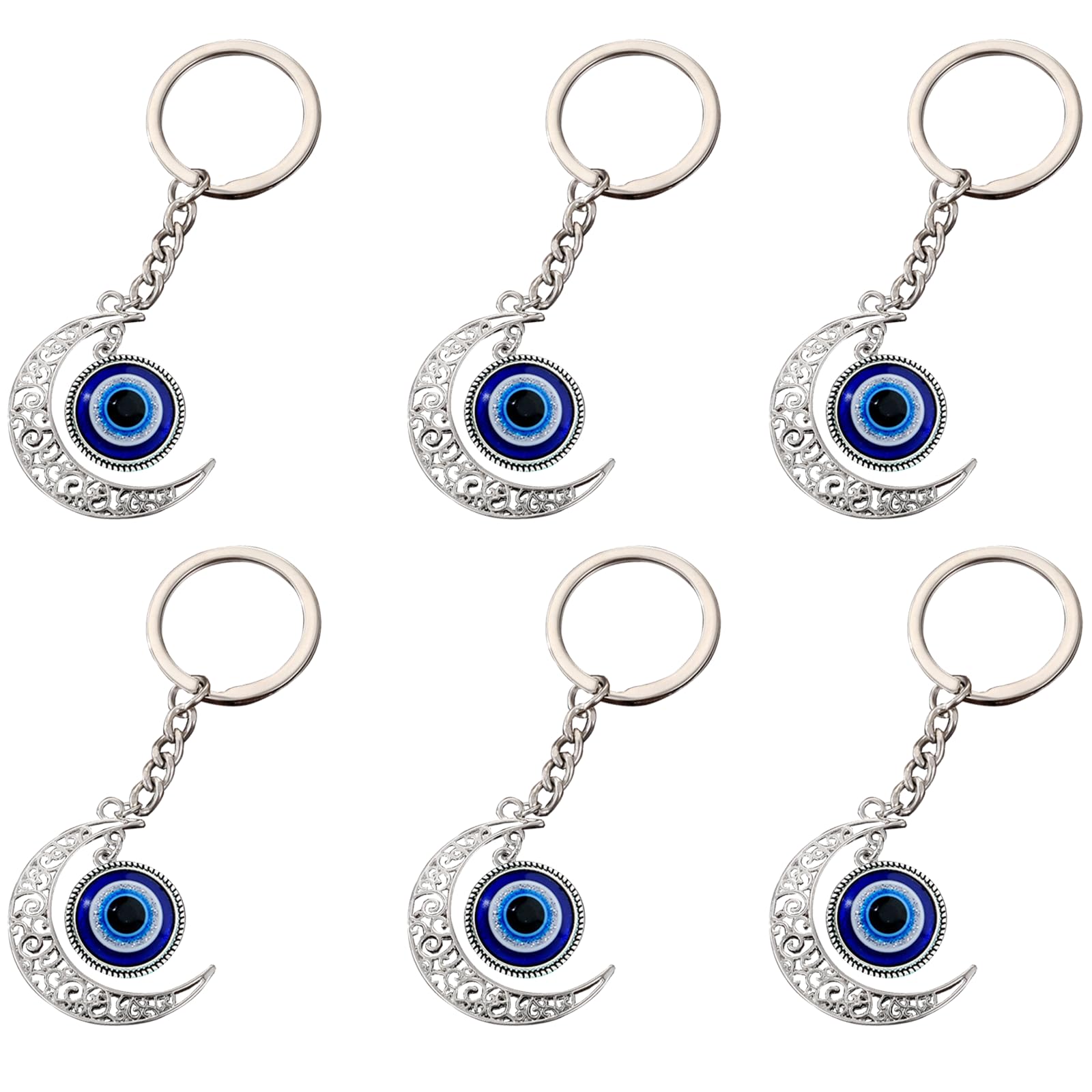 TianChgWei 6pcs Blue Evil Eye Keychains: Unique Metal Hollow Evil Eye Pendant Keyrings for Purse, Backpack